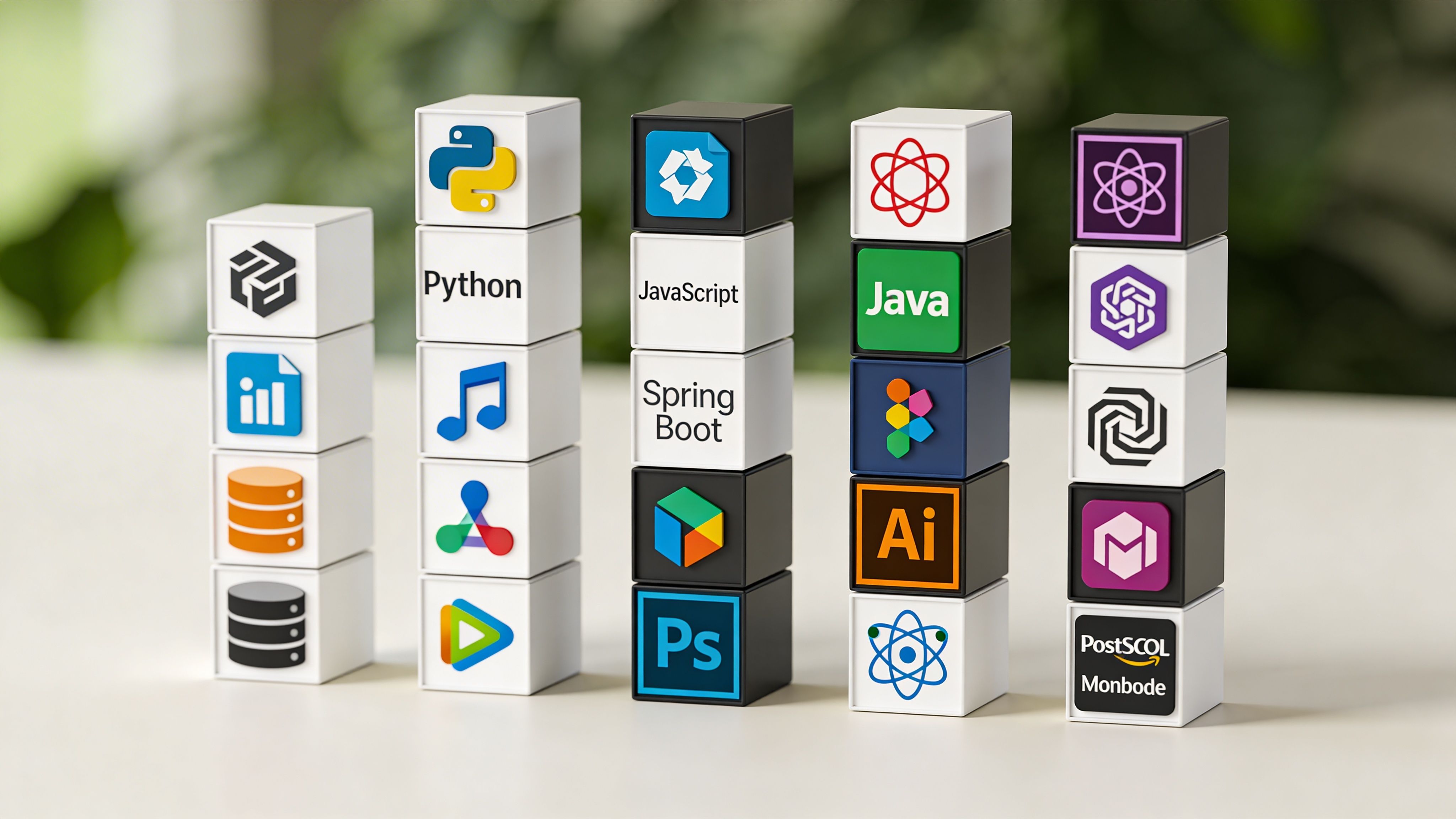 Stapel von weißen und schwarzen Blöcken mit verschiedenen Logos für Webentwicklung und Programmiersprachen auf einem Tisch.