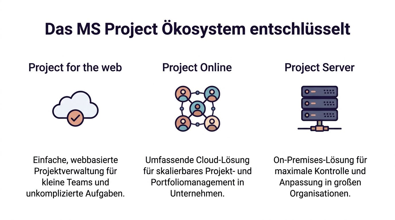 Eine Übersichtsgrafik, die die drei Lösungen im Microsoft Project Ökosystem erklärt: Project for the web, Project Online und Project Server.