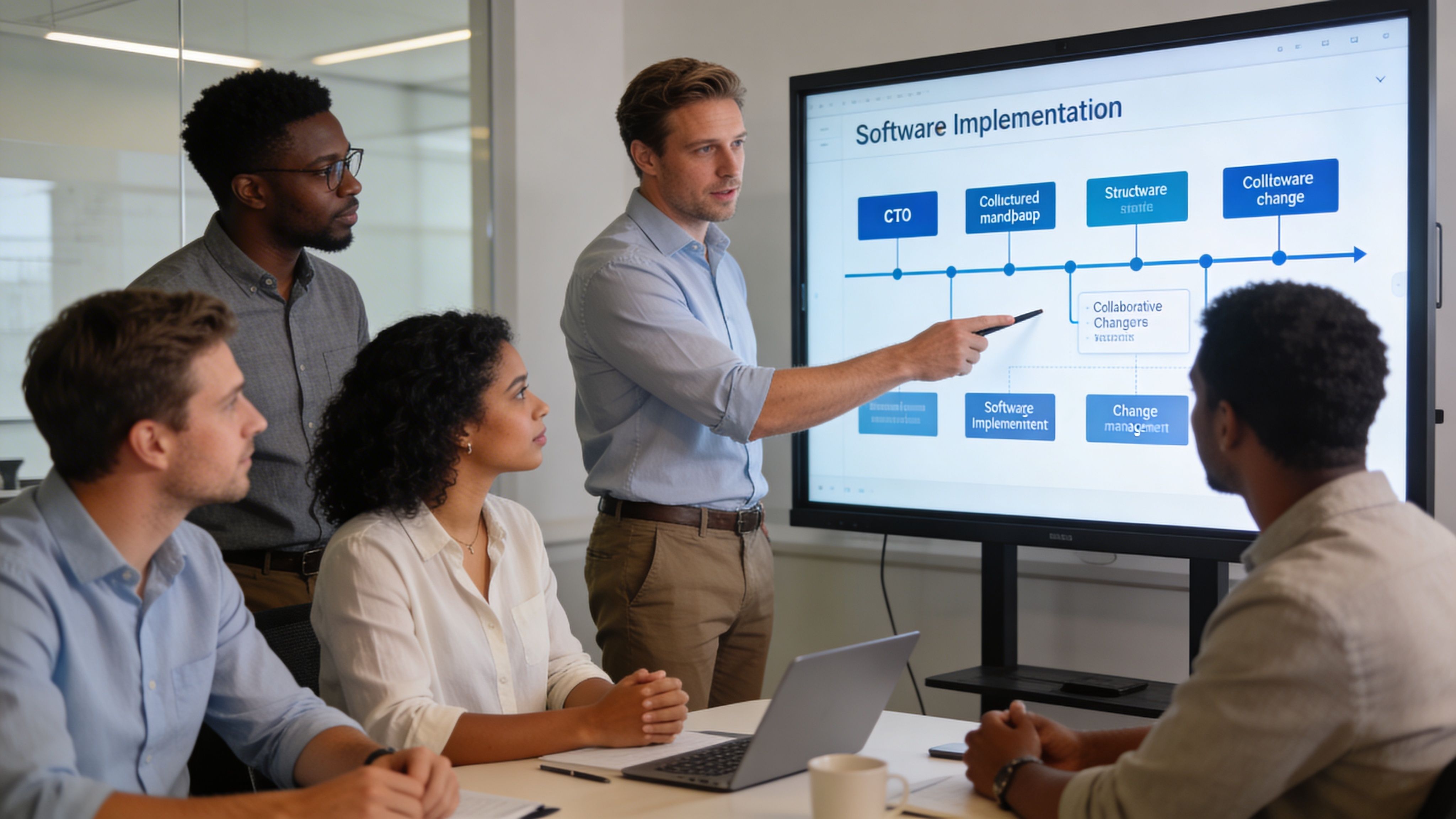 Ein professionelles Team bespricht gemeinsam eine Software-Implementierung während einer Präsentation vor einem großen interaktiven Bildschirm in einem Büro.