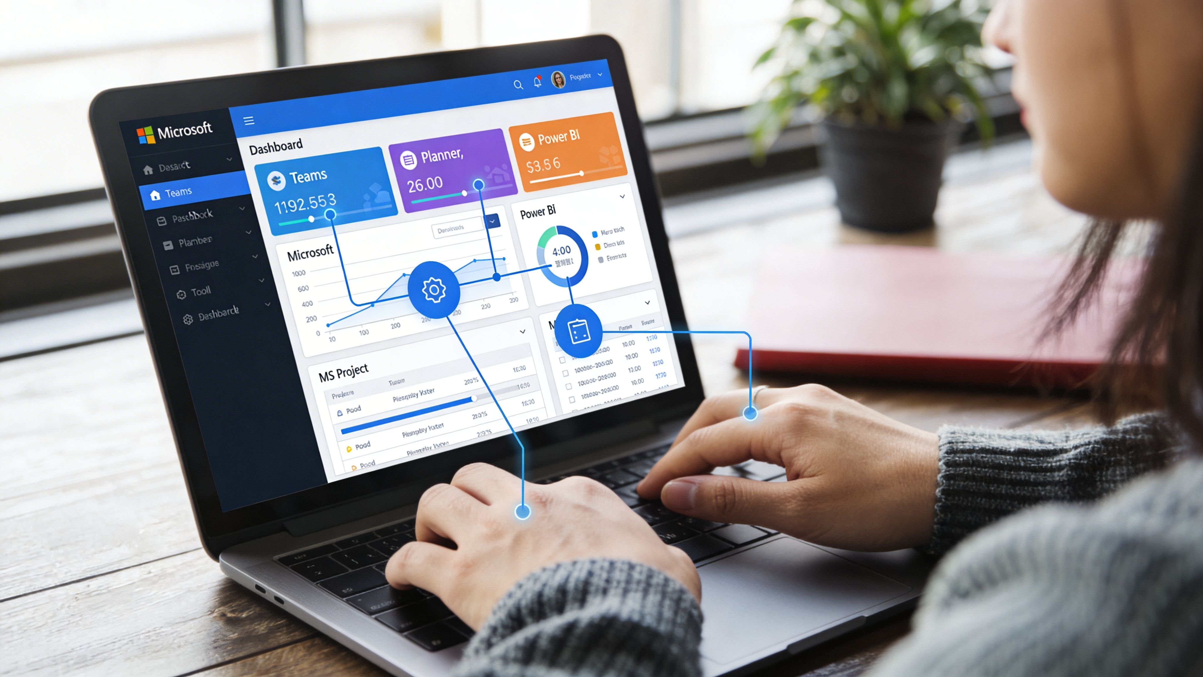 Eine Person arbeitet an einem Laptop mit einem Microsoft Office 365 Dashboard zur Projektverwaltung im Büro.