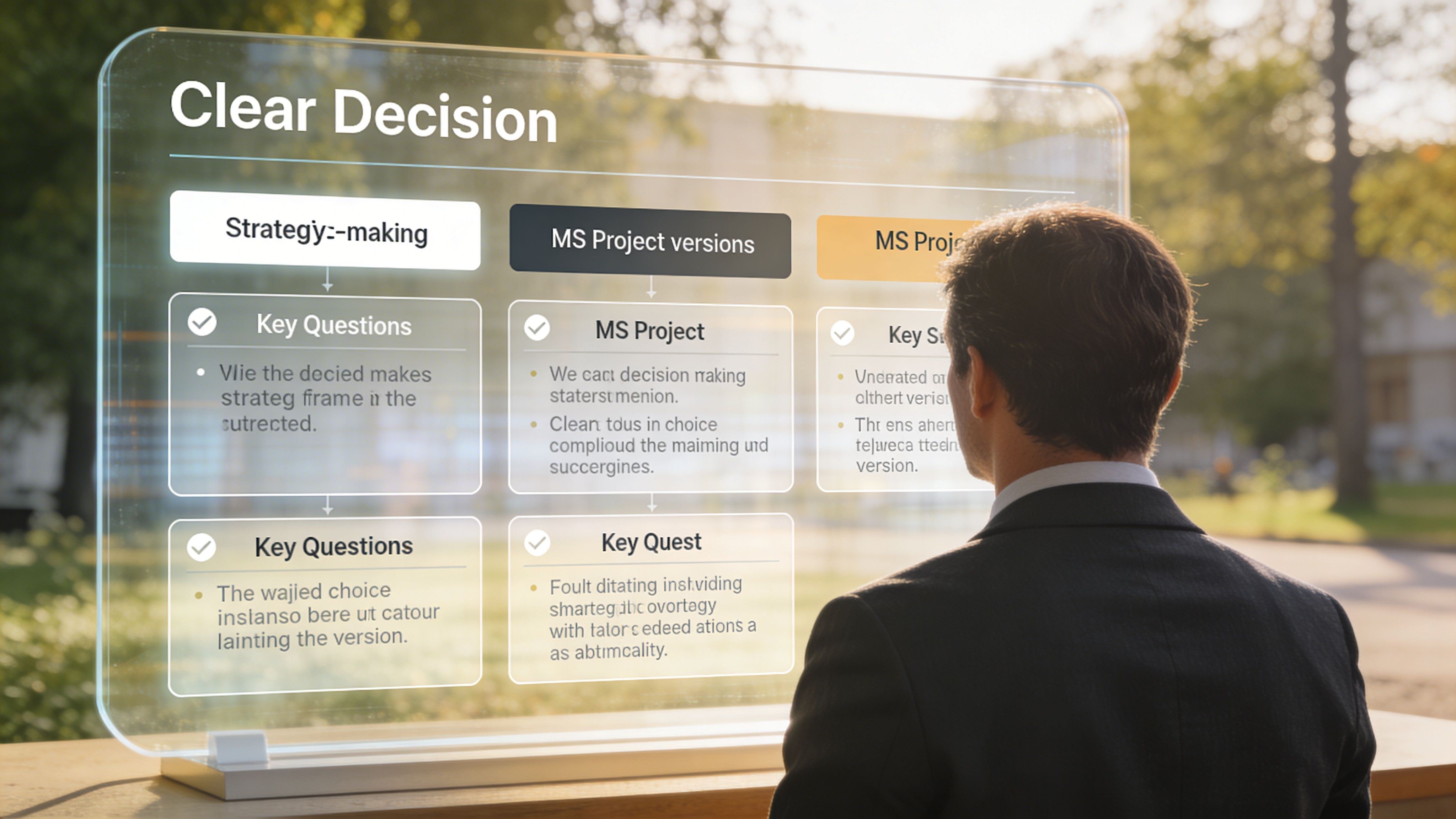 Ein Geschäftsmann betrachtet eine transparente digitale Anzeige mit Informationen zum strategischen Entscheidungsprozess und Microsoft Project Software-Versionen.