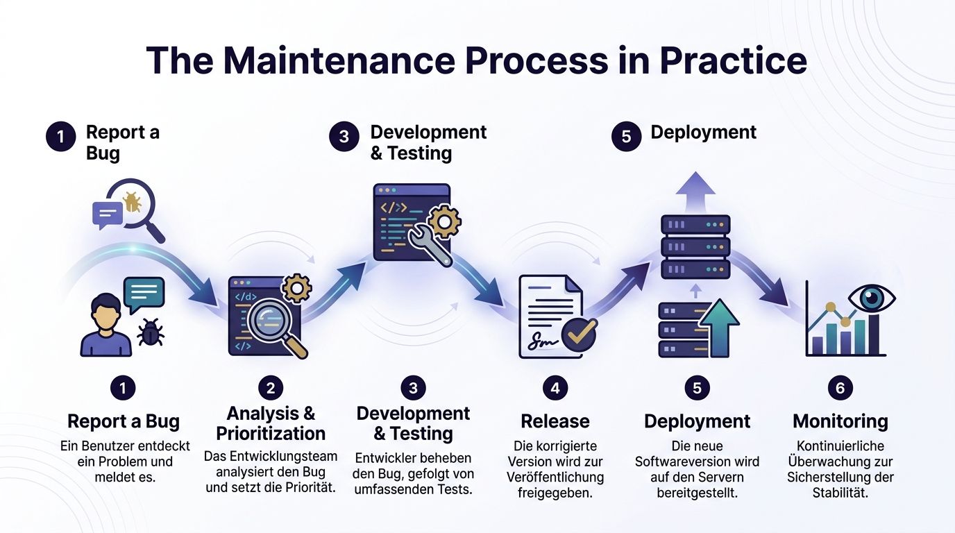 Eine Infografik zeigt den Prozess der Softwarewartung von der Fehlererkennung bis hin zur kontinuierlichen Überwachung.