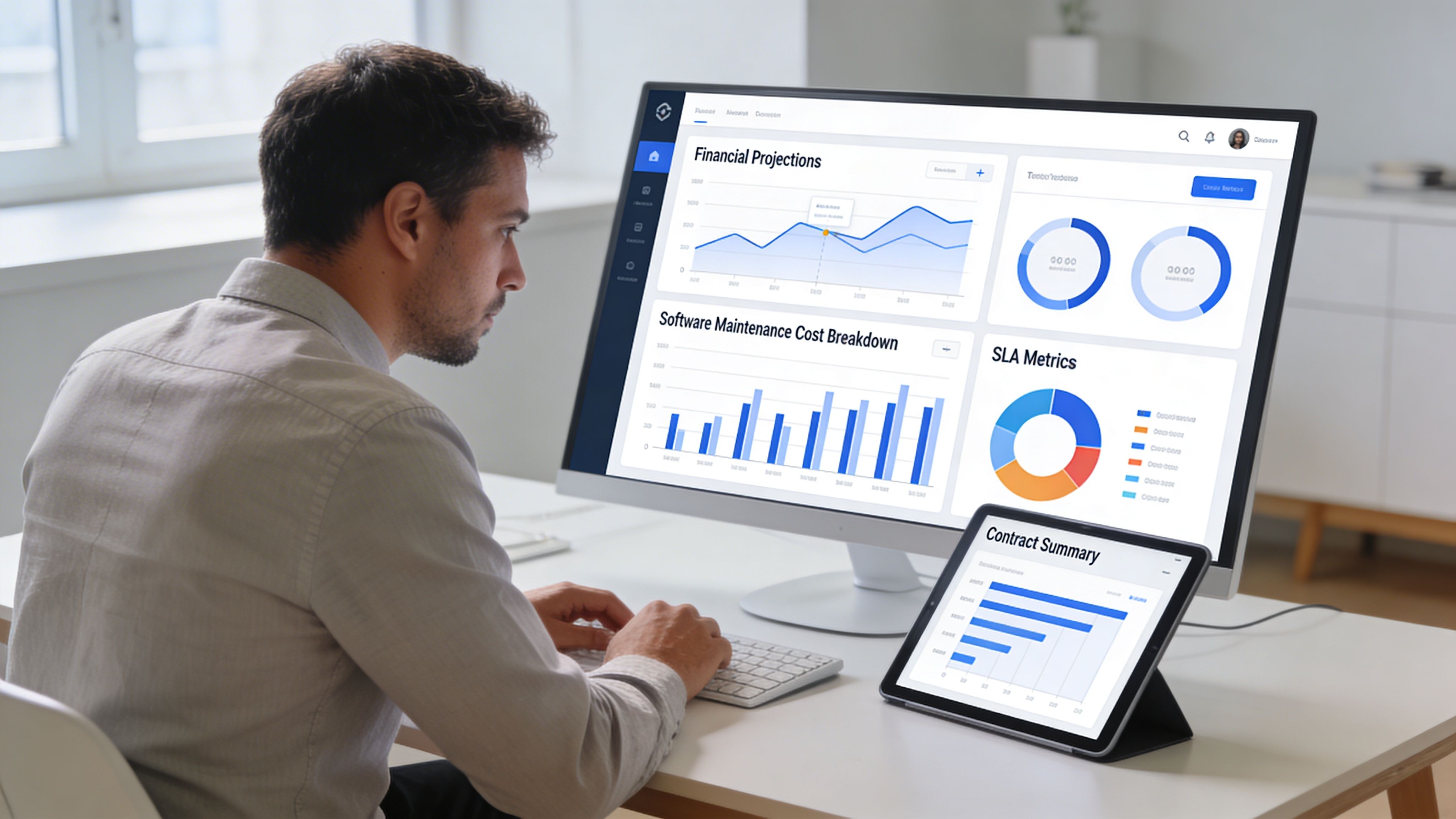 Ein Geschäftsmann sitzt am Schreibtisch und analysiert Software-Wartungskosten auf einem großen Computermonitor und einem Tablet.
