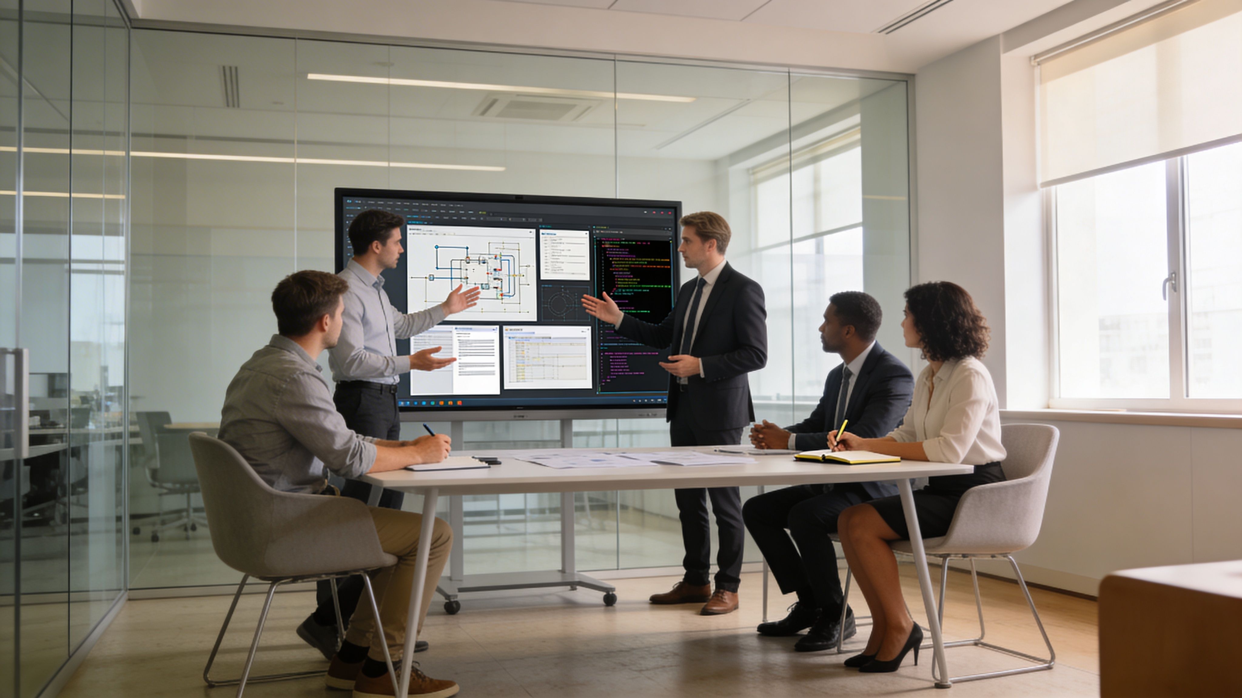 Ein professionelles Team bespricht Softwareprojekte bei einer Präsentation an einem großen interaktiven Bildschirm in einem modernen Konferenzraum.