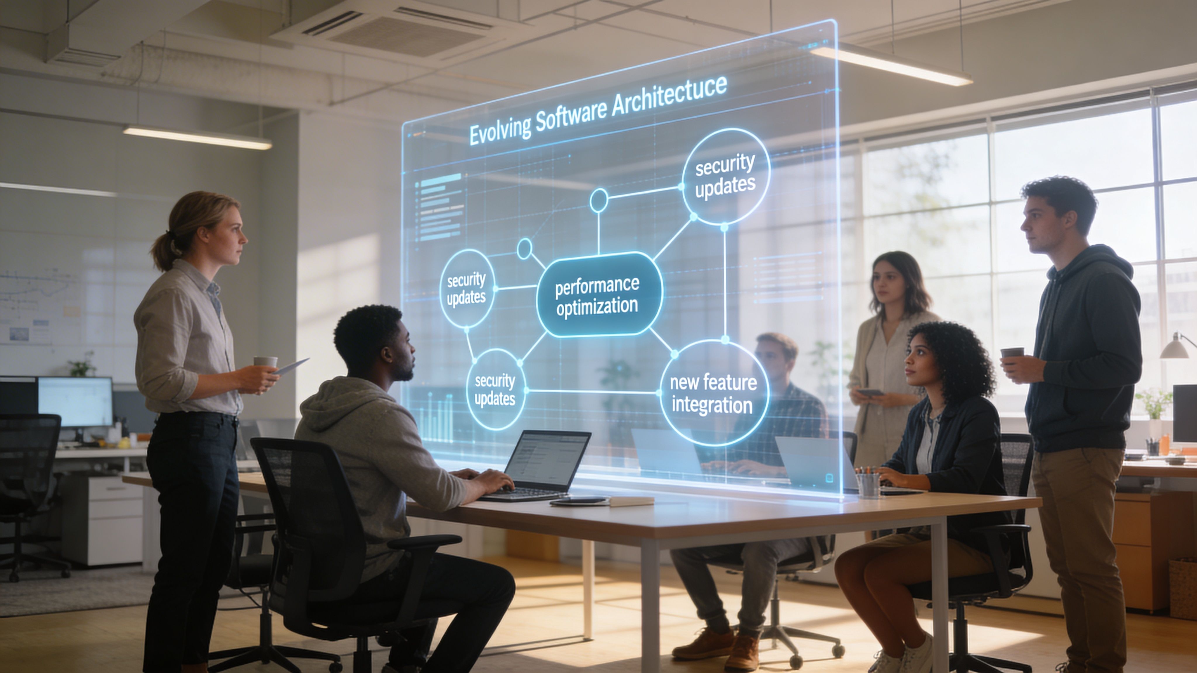 Ein Team in einem Büro arbeitet kollaborativ an einer digitalen Projektion zur Entwicklung von Softwarearchitekturen.