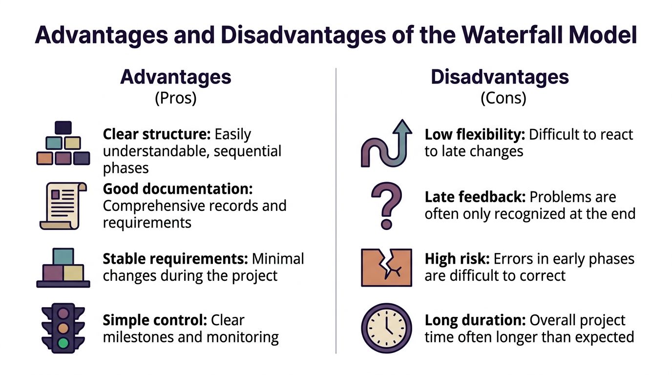 Eine Infografik mit den Vor- und Nachteilen des Wasserfallmodells in der Softwareentwicklung mit erklärenden Icons.
