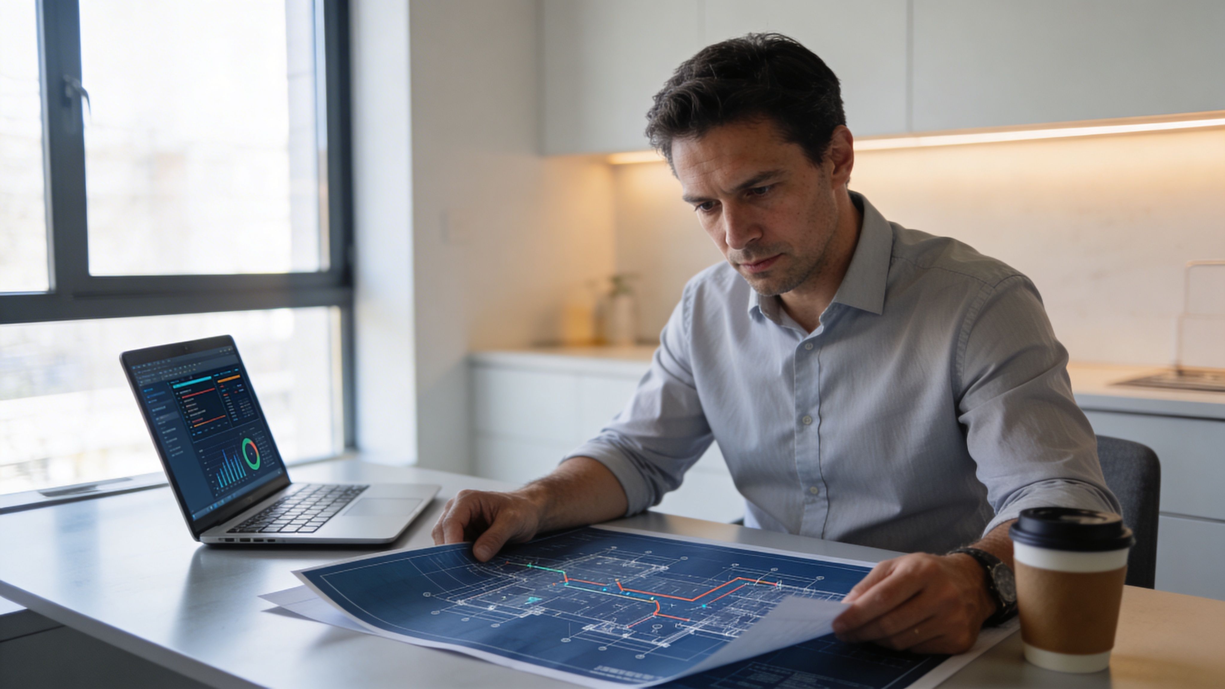 Ein fokussierter Architekt arbeitet an einem Schreibtisch mit Laptop und Bauplänen in einem modernen, hellen Büro.