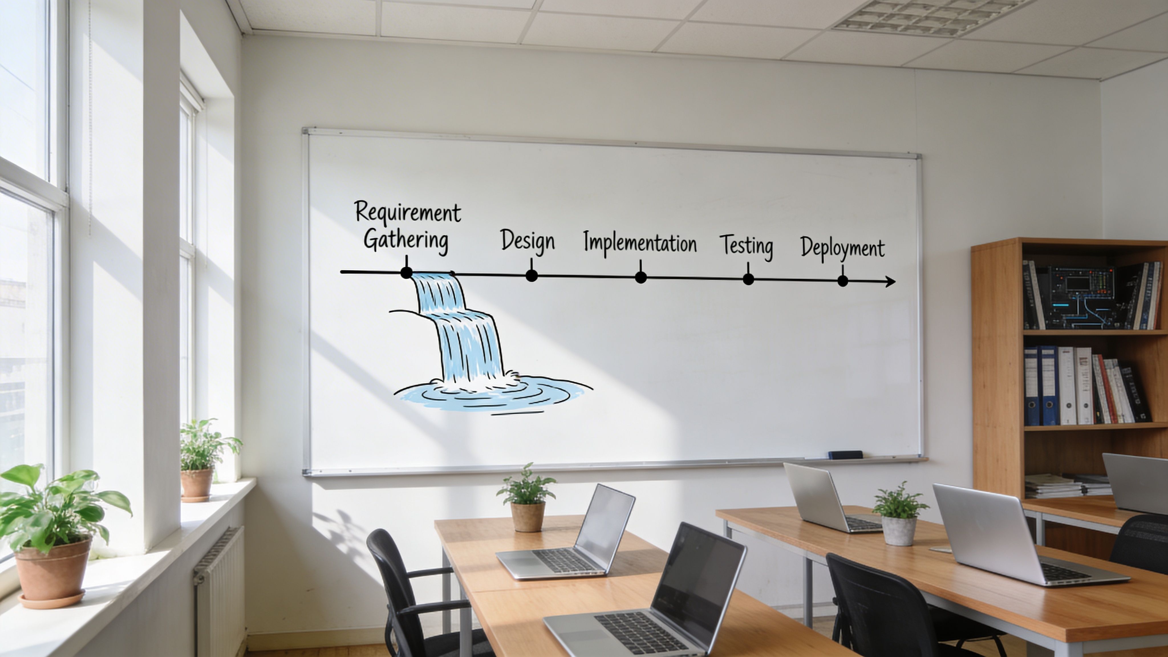 Ein Whiteboard im Büro zeigt eine visuelle Darstellung des Wasserfallmodells mit seinen verschiedenen Entwicklungsphasen im Software Engineering.