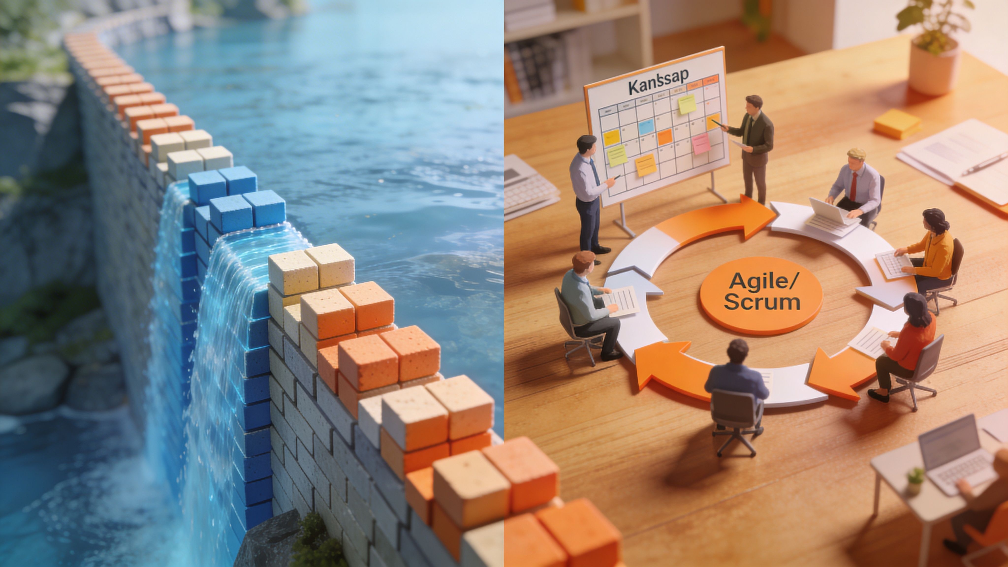 Ein Vergleich zwischen dem sequenziellen Wasserfallmodell und der iterativen Arbeitsweise von Agile und Scrum in einem Bild.