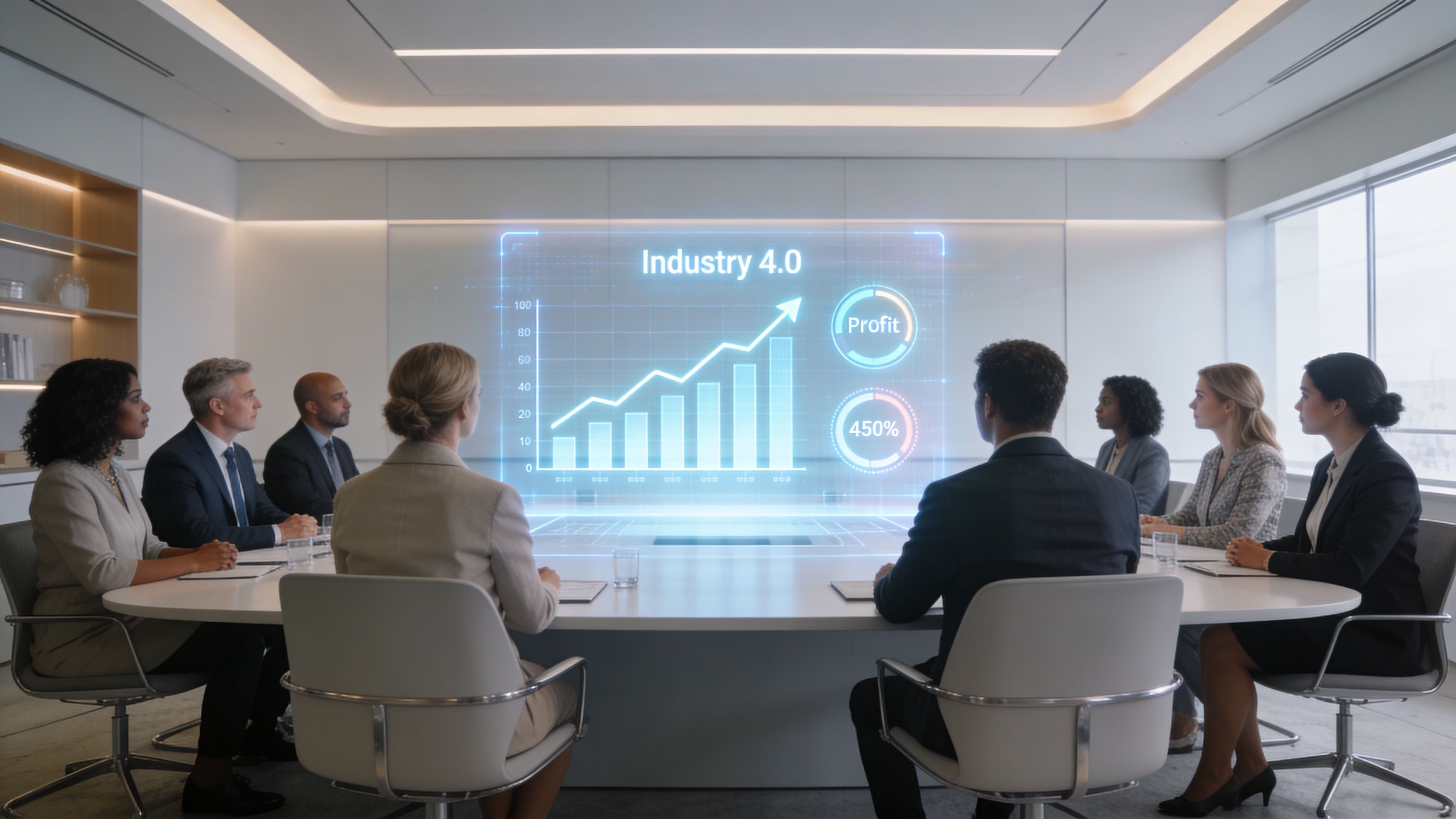 Ein Team von Fachleuten bei einer Besprechung im Konferenzraum mit einer holografischen Präsentation über Industrie 4.0 Lösungen.