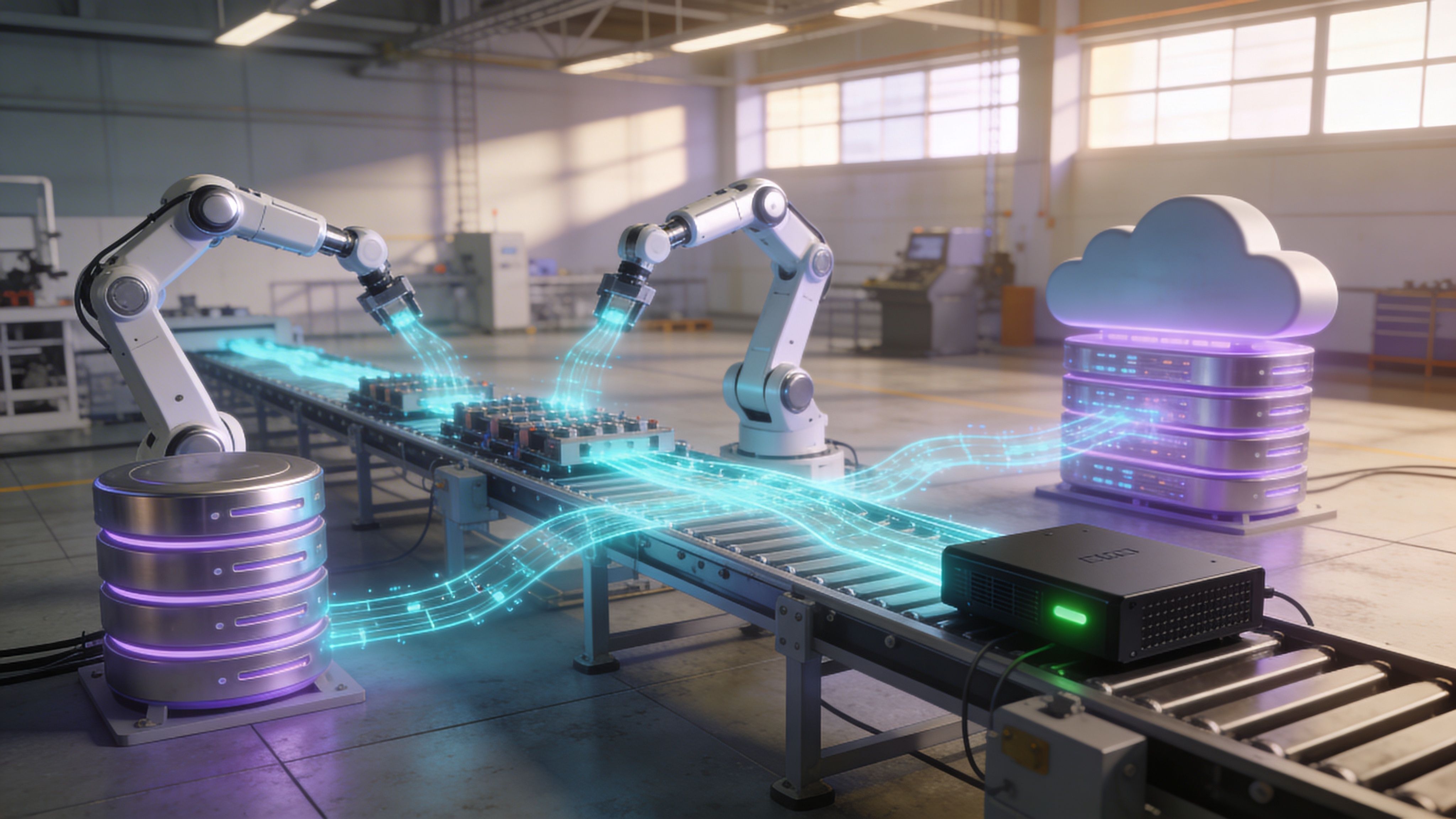 Roboterarme in einer Fabrikhalle bei der automatisierten Datenverarbeitung und Vernetzung mit Cloud-Systemen für Industrie 4.0 Anwendungen.