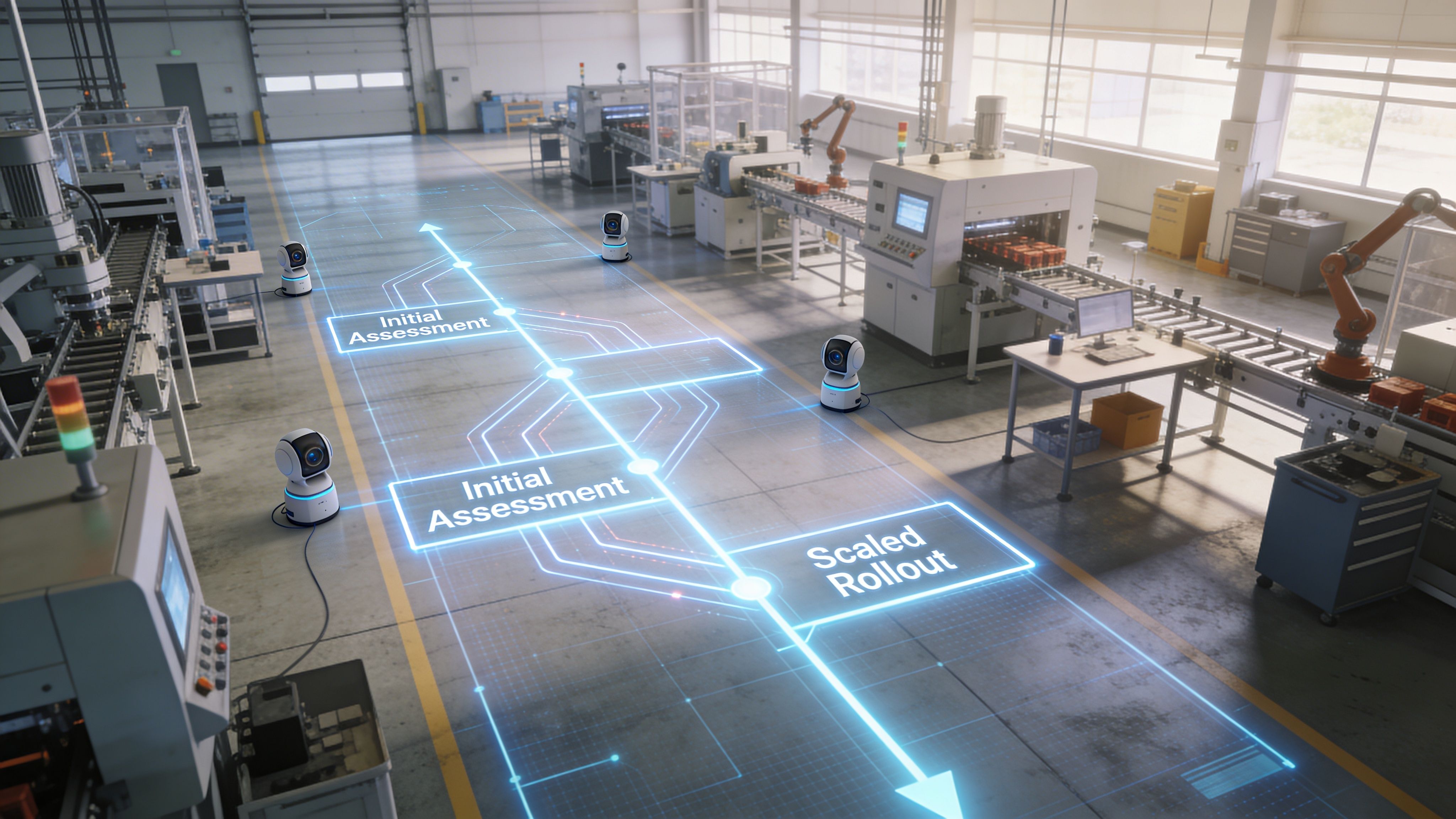 Moderne Fabrik mit Robotern und holografischen Grafiken für Industrie 4.0 Lösungen und digitale Optimierungsprozesse in der Produktion.