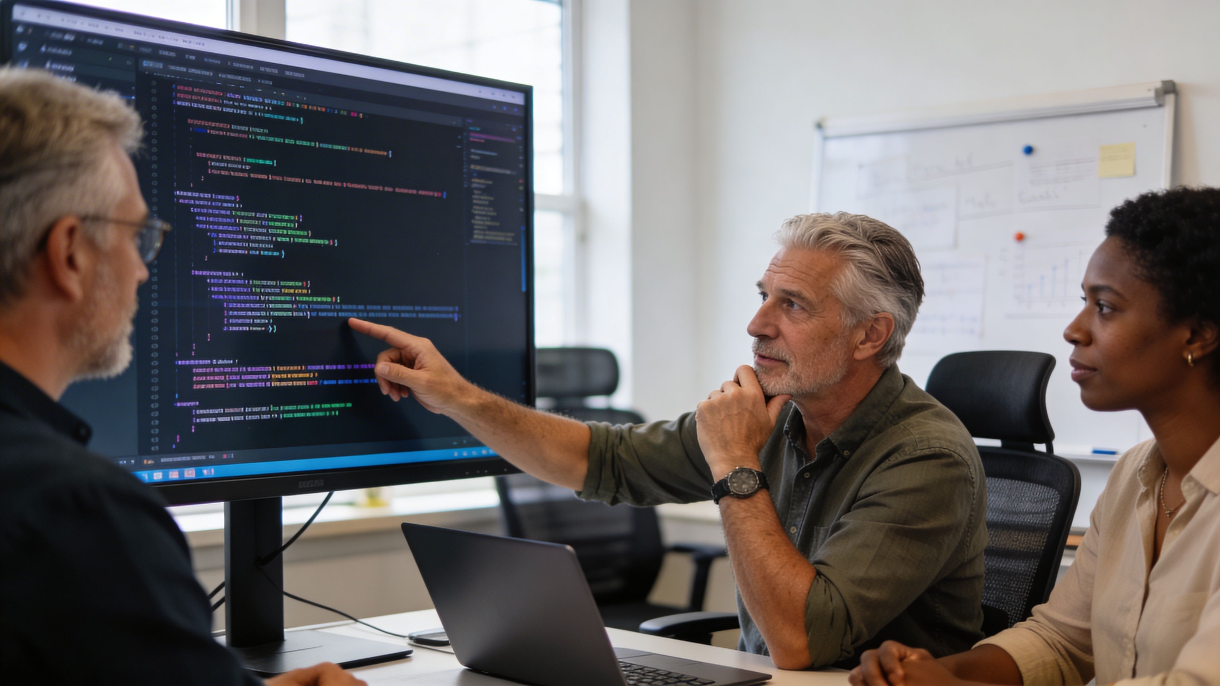 Ein erfahrenes Software-Entwickler-Team arbeitet gemeinsam an einem komplexen Code-Projekt vor einem großen Monitor im Büro.