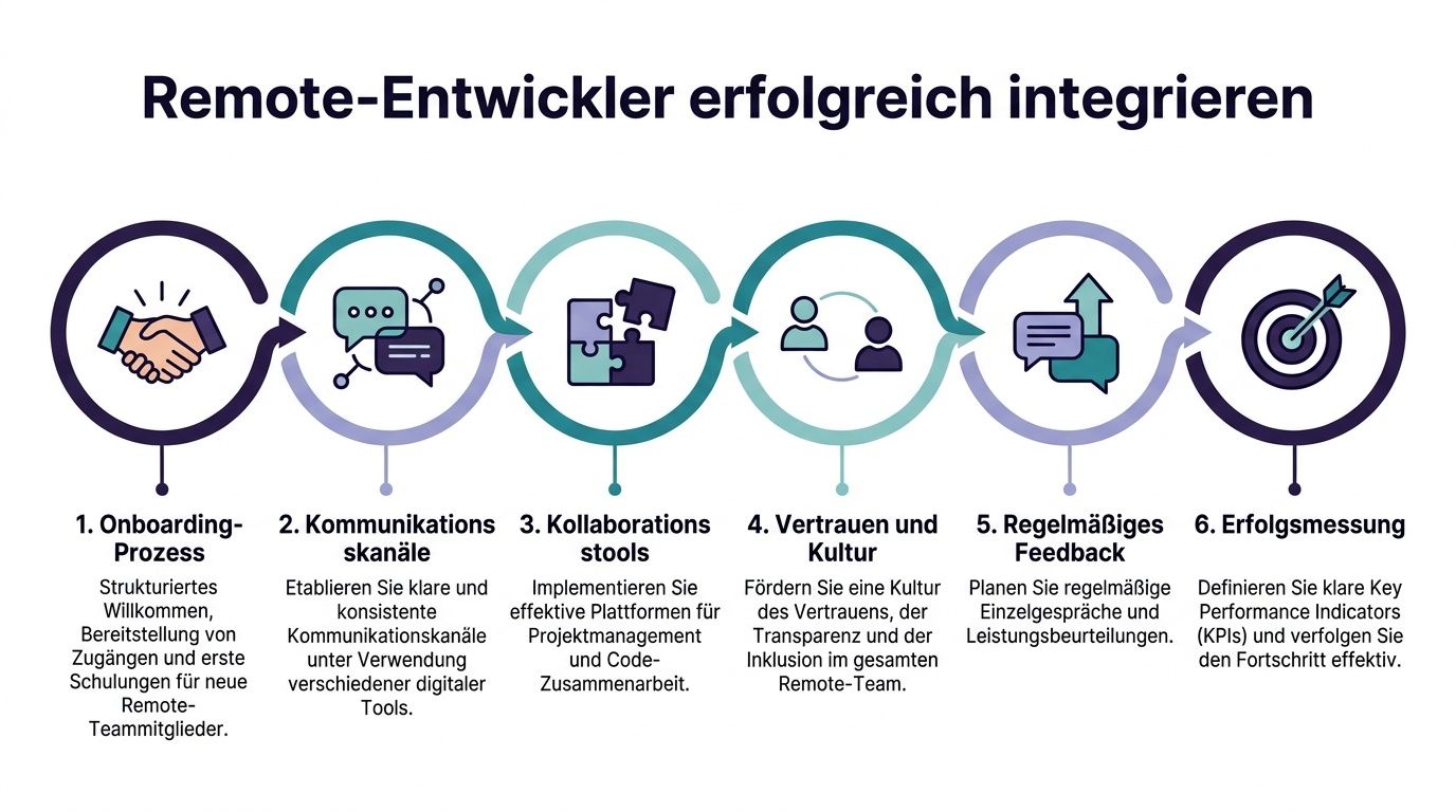 Eine Infografik mit sechs Schritten zur erfolgreichen Integration von Remote-Entwicklern in ein bestehendes Software-Team.