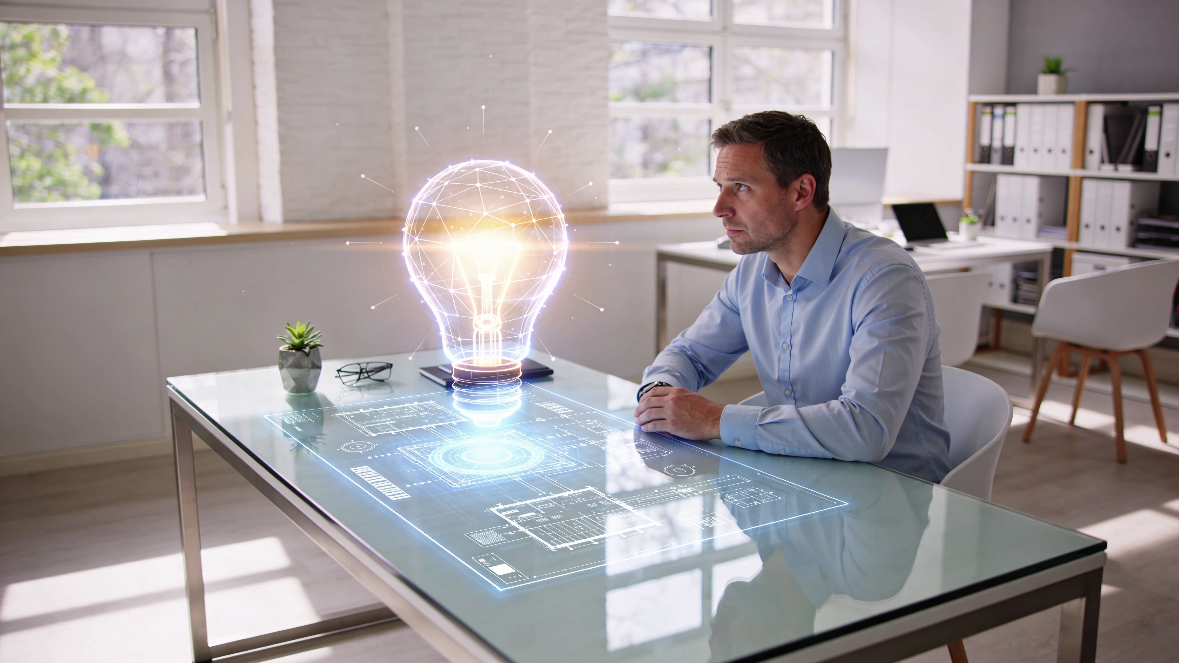 Ein Geschäftsmann arbeitet an einem modernen Schreibtisch mit einer holografischen Lichtprojektion und architektonischen digitalen Bauplänen.