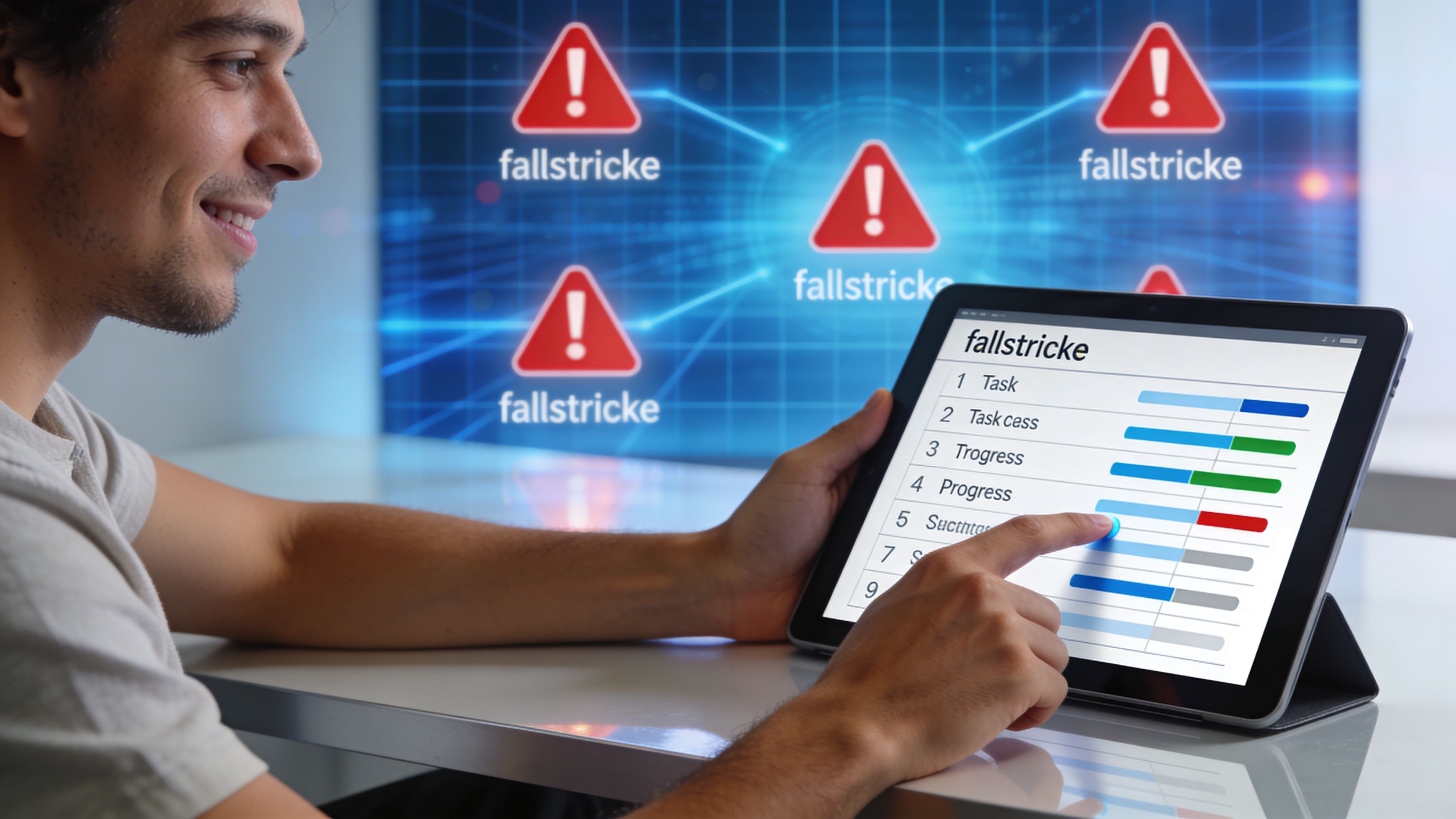 Ein junger Mann betrachtet ein Tablet mit einer Projektmanagement-Software und analysiert verschiedene digitale Arbeitsprozesse und potenzielle Fallstricke.