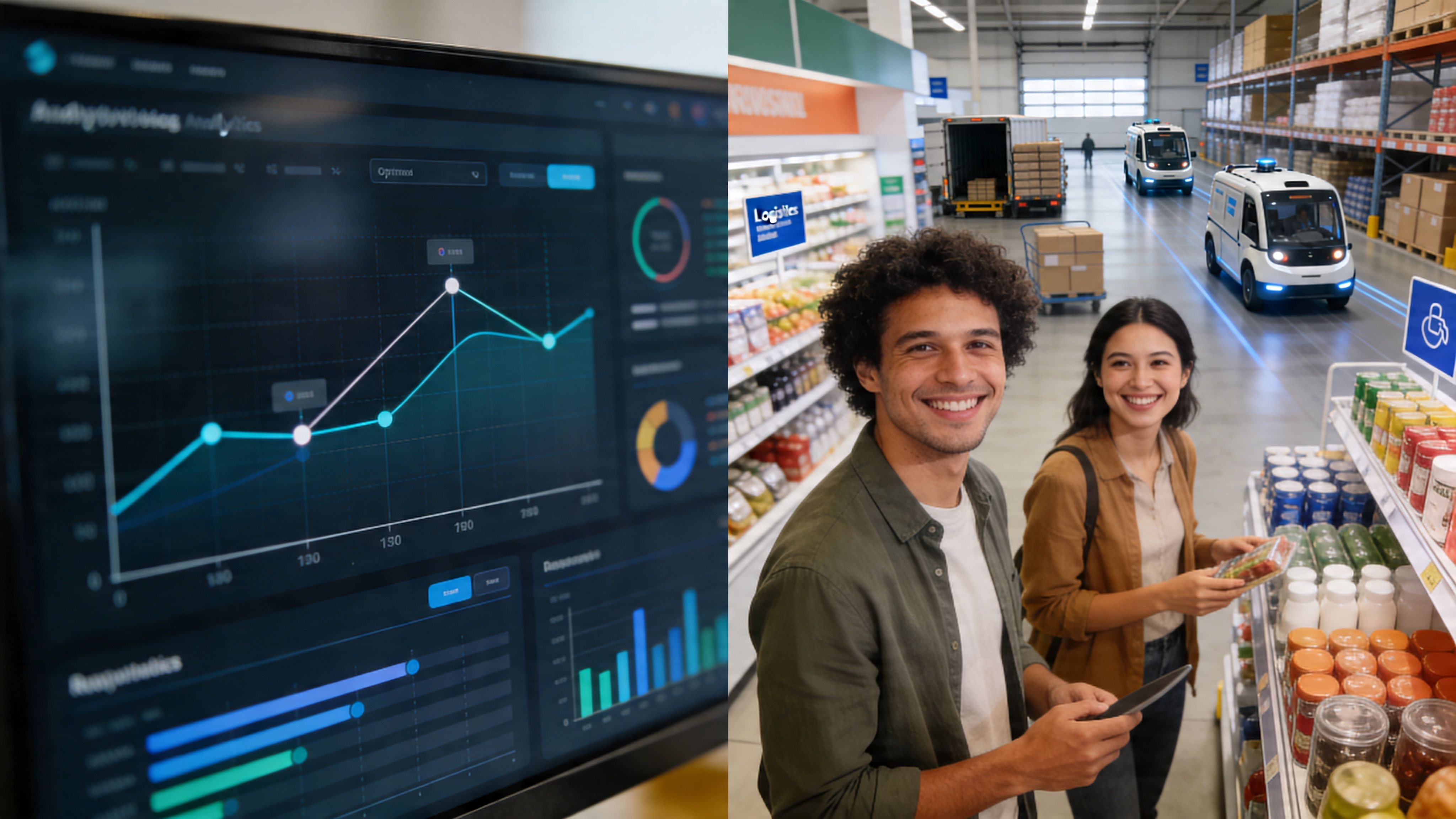Ein Paar in einem modernen Supermarkt mit Datenanalyse-Dashboard und automatisierten Lieferrobotern im Hintergrund.