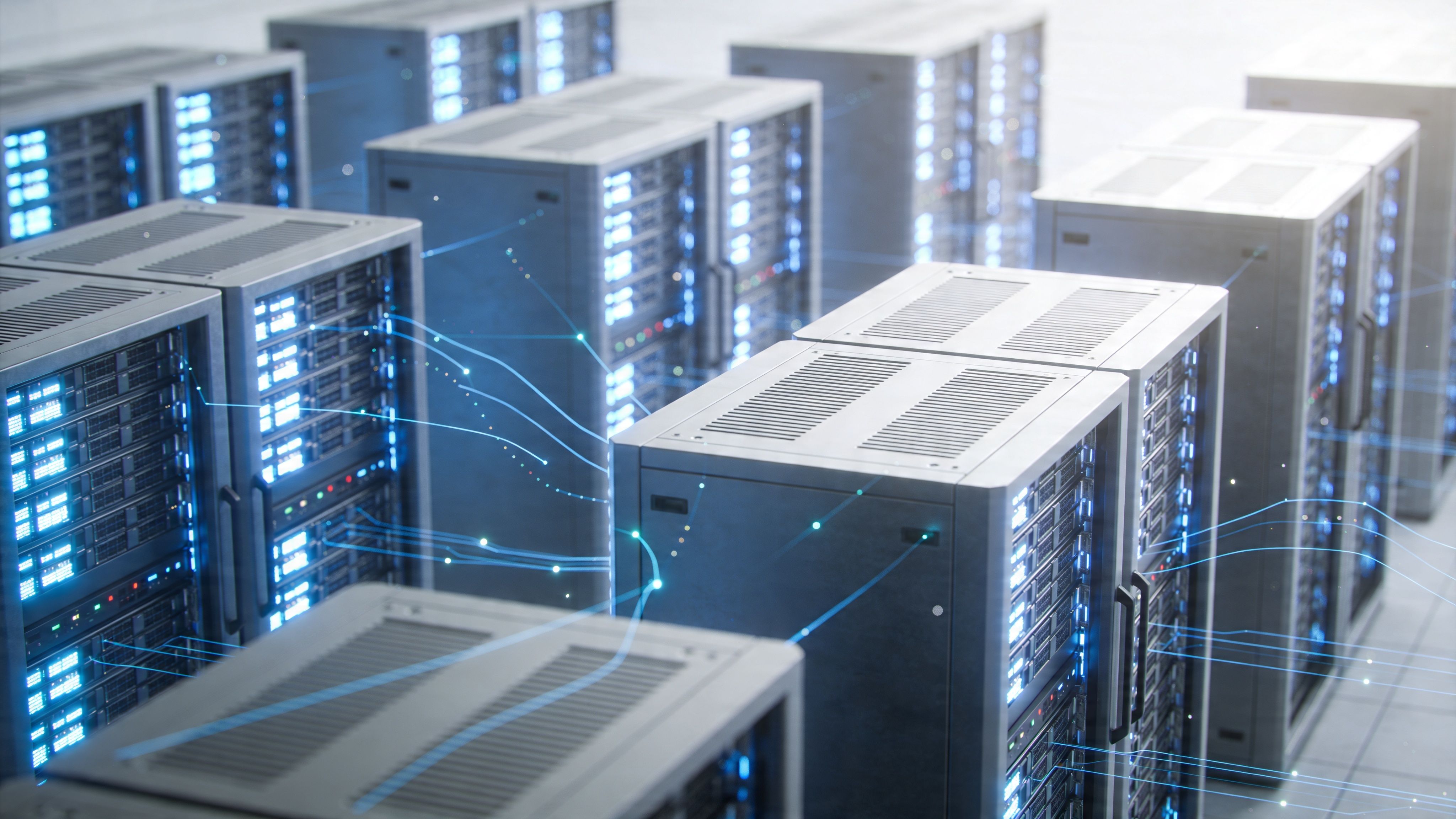 Ein moderner Serverraum mit mehreren Serverschränken und abstrakten leuchtenden Datenleitungen zur Darstellung von Big Data Prozessen.