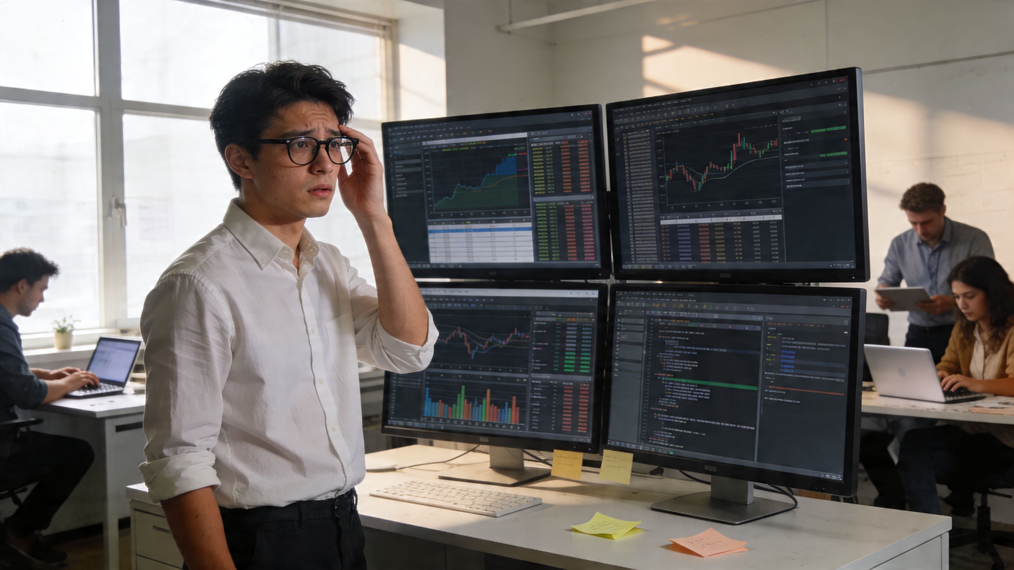 Ein besorgter junger Mann mit Brille betrachtet gestresst die komplexen Finanzdaten auf mehreren Computerbildschirmen im Büro.