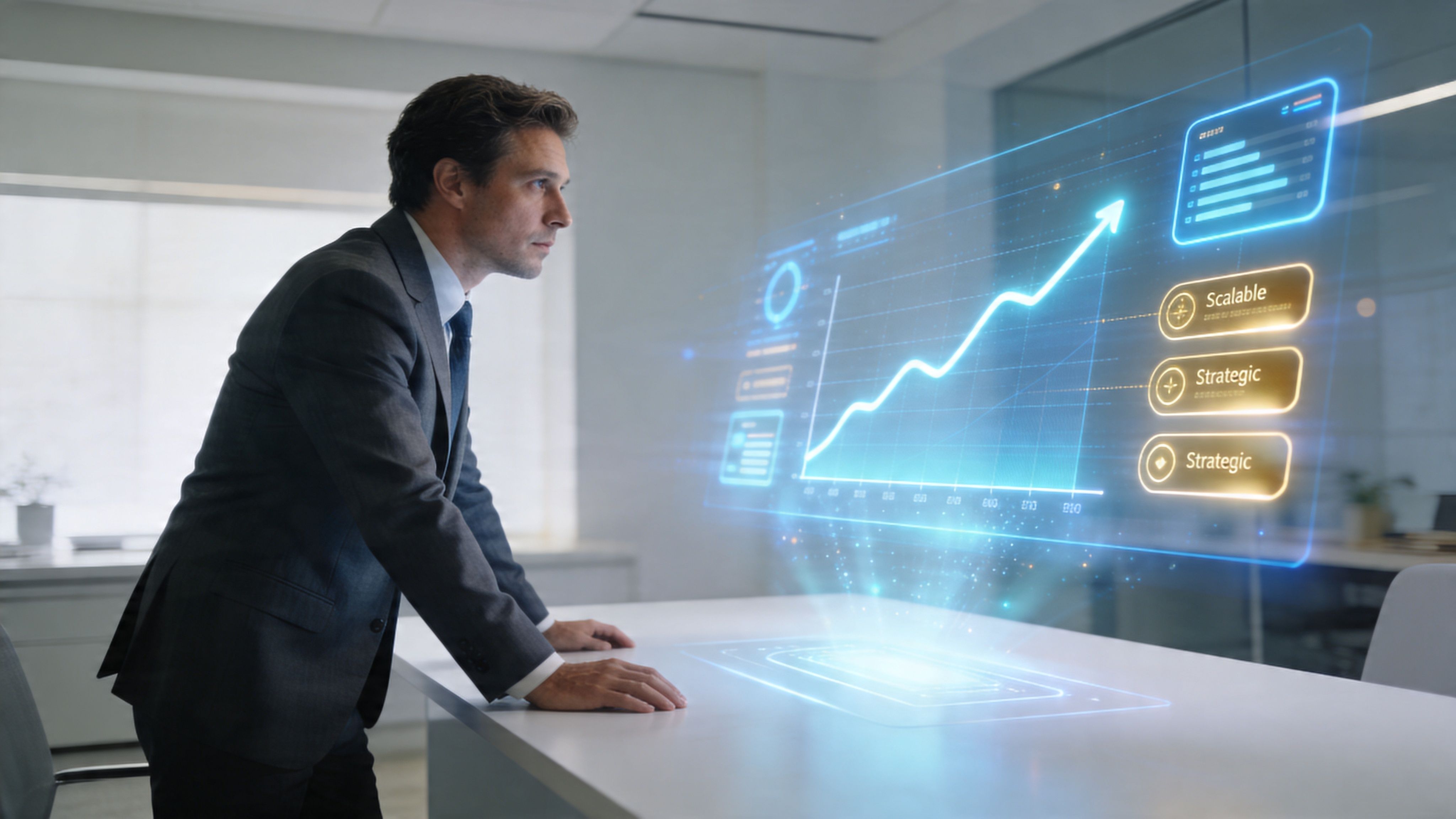 Ein Geschäftsmann betrachtet eine holografische grafische Projektion, die geschäftliches Wachstum und strategische Planung in einem modernen Büro darstellt.