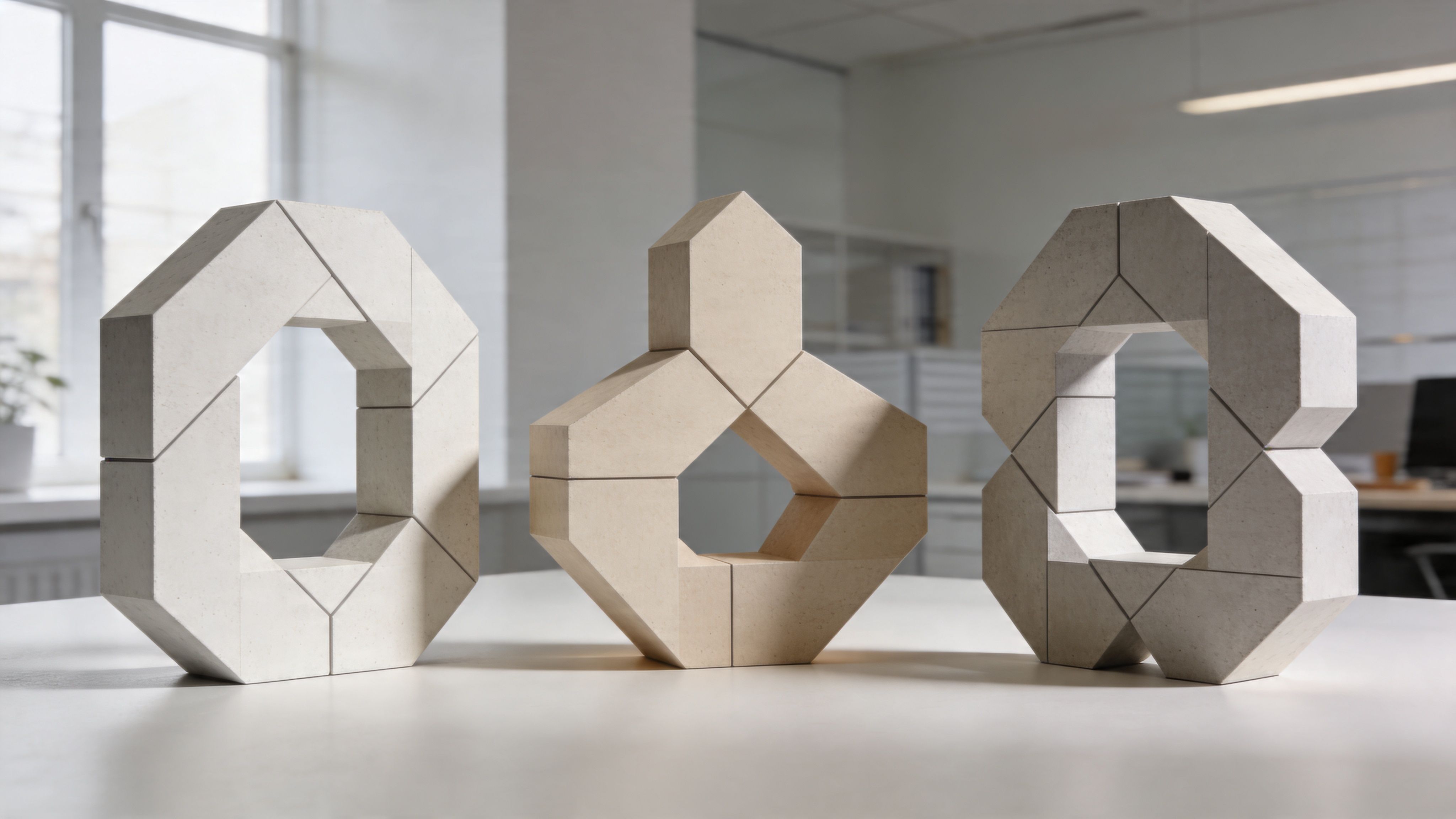 Drei geometrische Skulpturen aus Stein stehen auf einem weißen Tisch in einem hellen Büro.