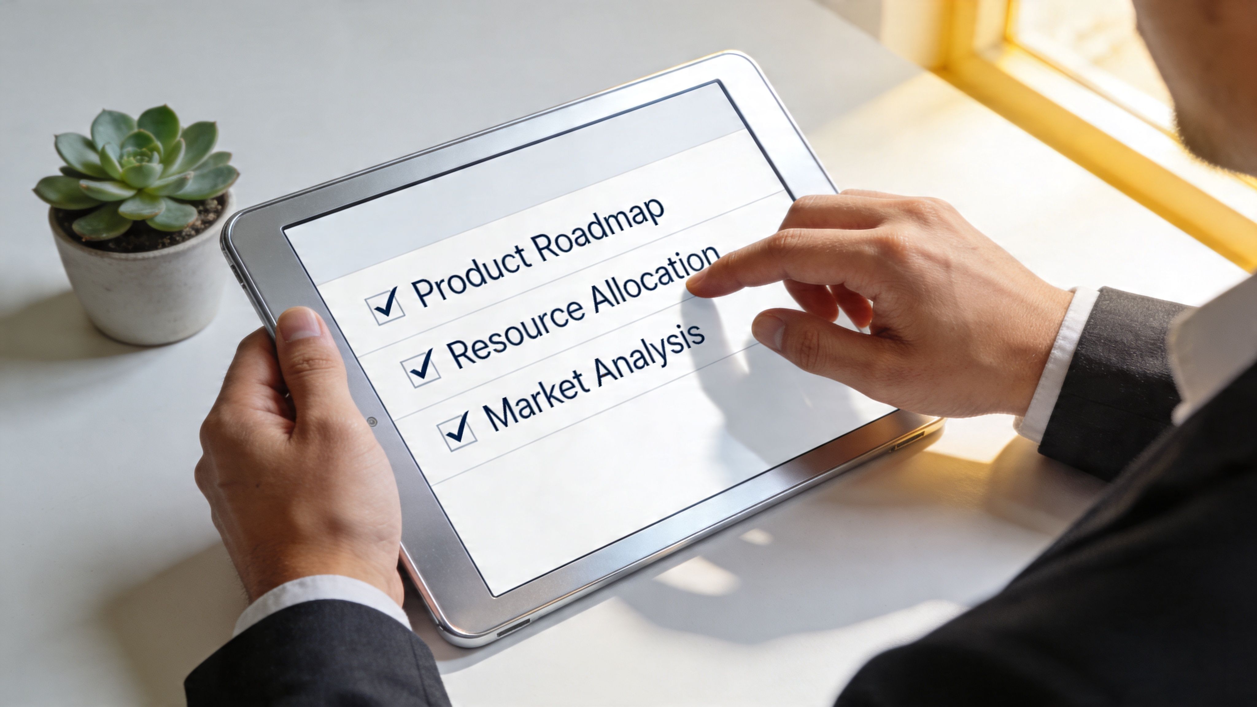 Ein Geschäftsmann berührt ein Tablet mit einer Checkliste für Geschäftsplanung und Ressourcenverwaltung in einem hellen Büro.