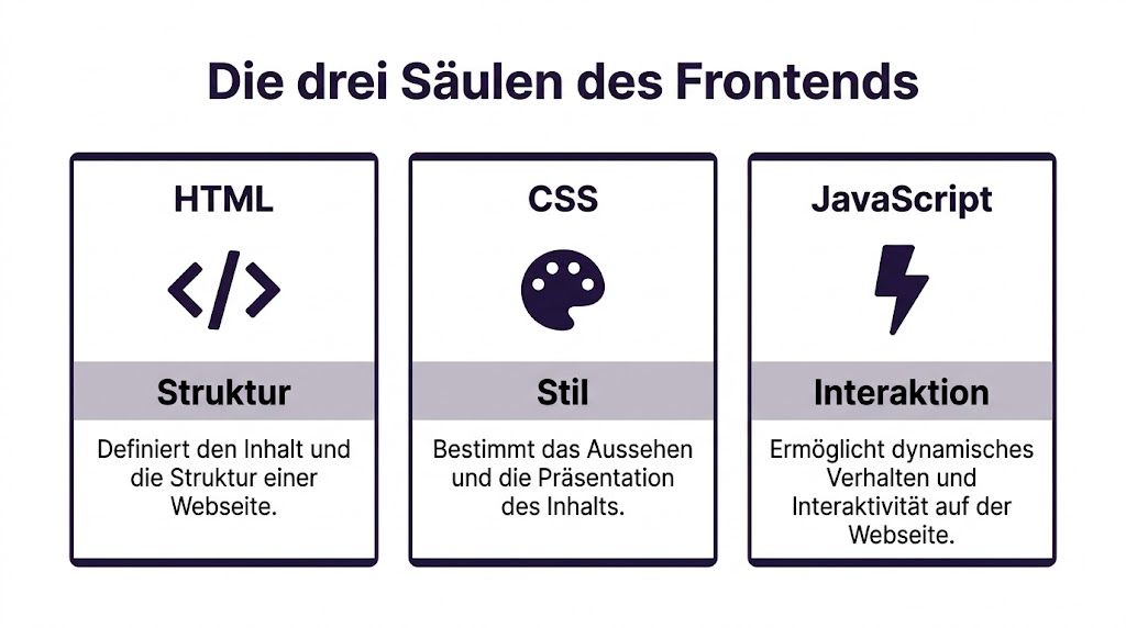 Eine Infografik erklärt die drei Säulen des Frontends: HTML für Struktur, CSS für Stil und JavaScript für Interaktion.