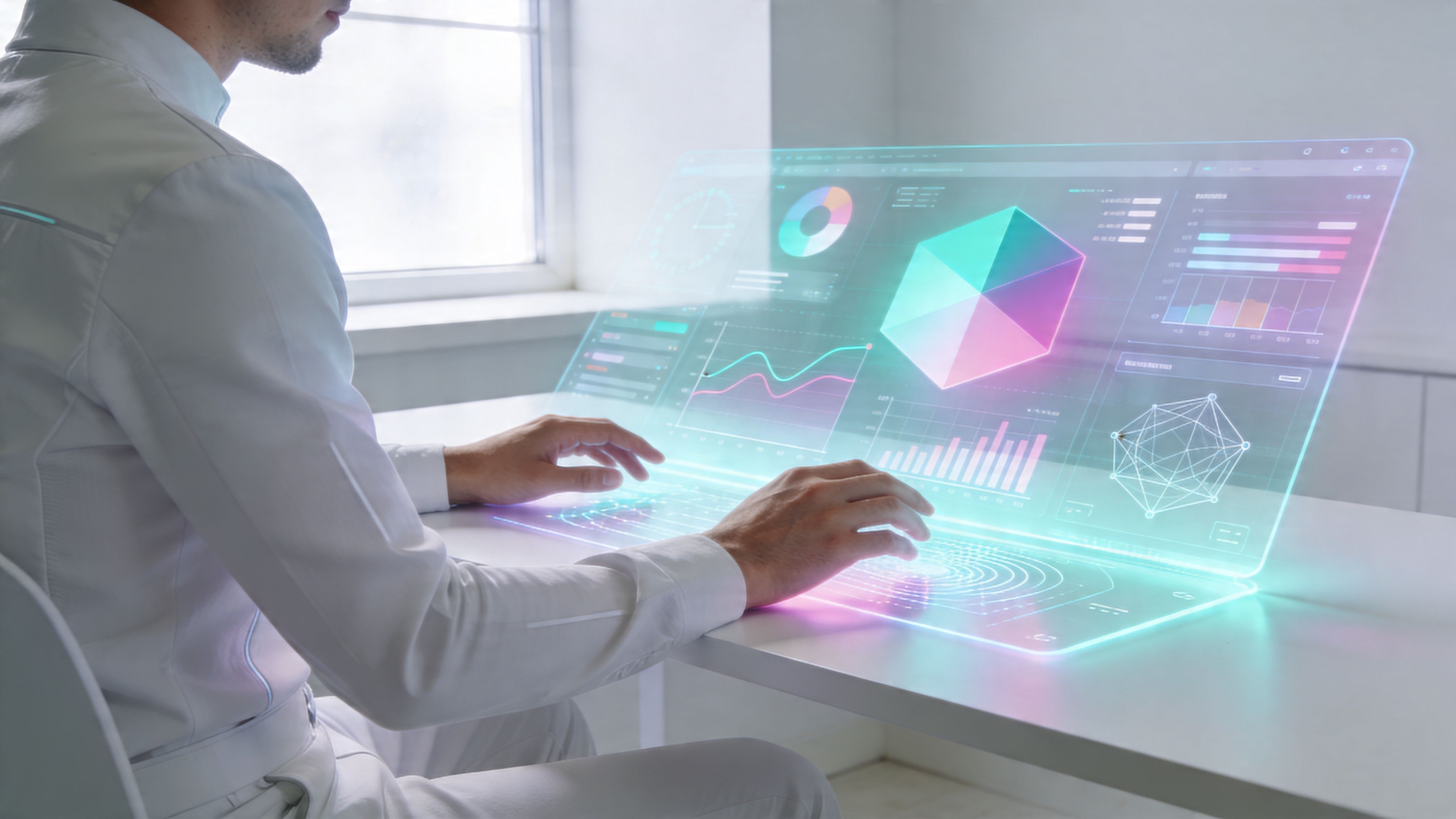 Ein Mann arbeitet in einem hellen Büro an einem futuristischen, transparenten holografischen Computerbildschirm mit leuchtenden Grafiken.