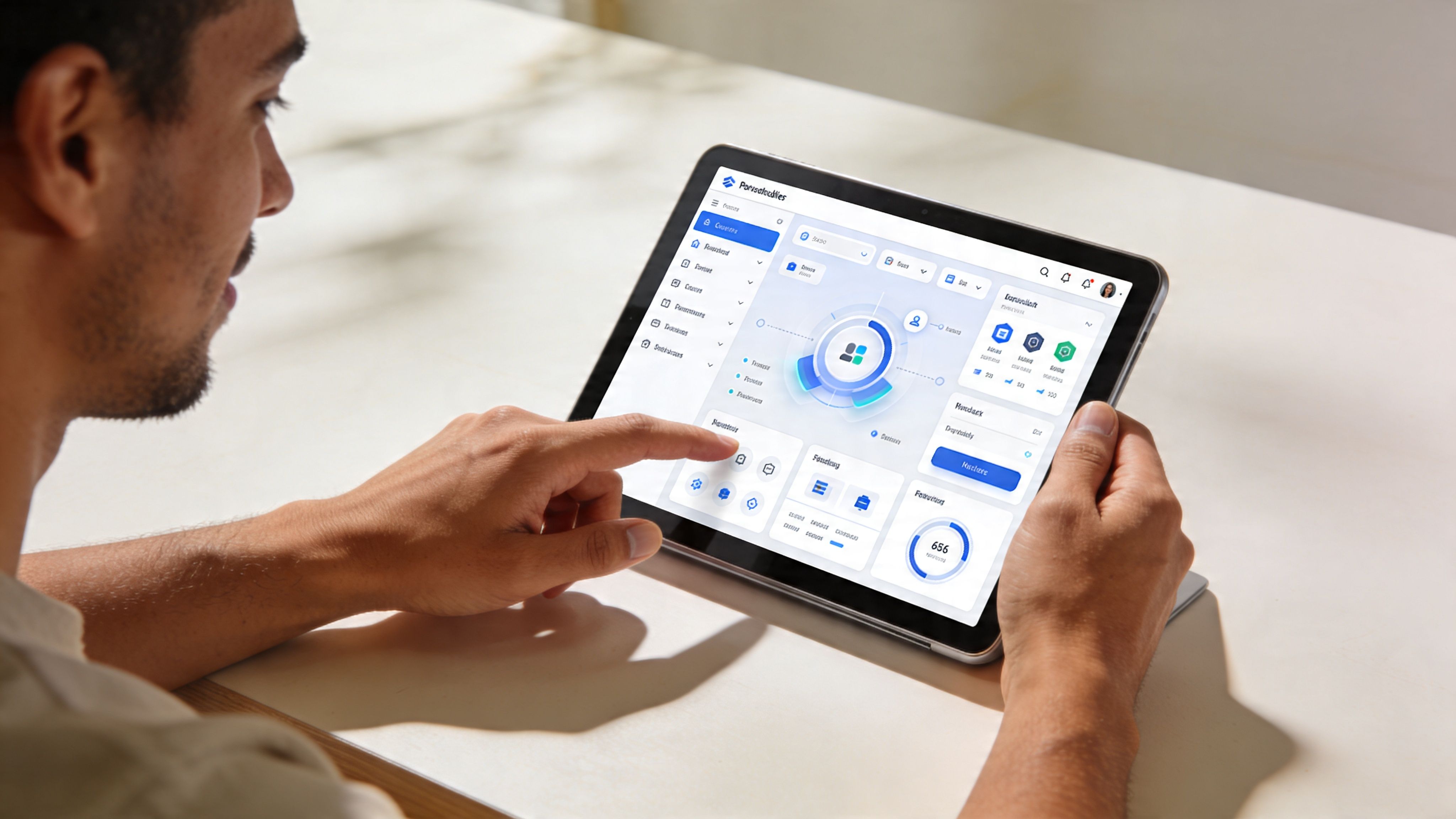 Ein Mann interagiert mit einem Tablet-Computer, auf dem eine moderne Dashboard-Benutzeroberfläche zur Softwareentwicklung und Datenverwaltung angezeigt wird.