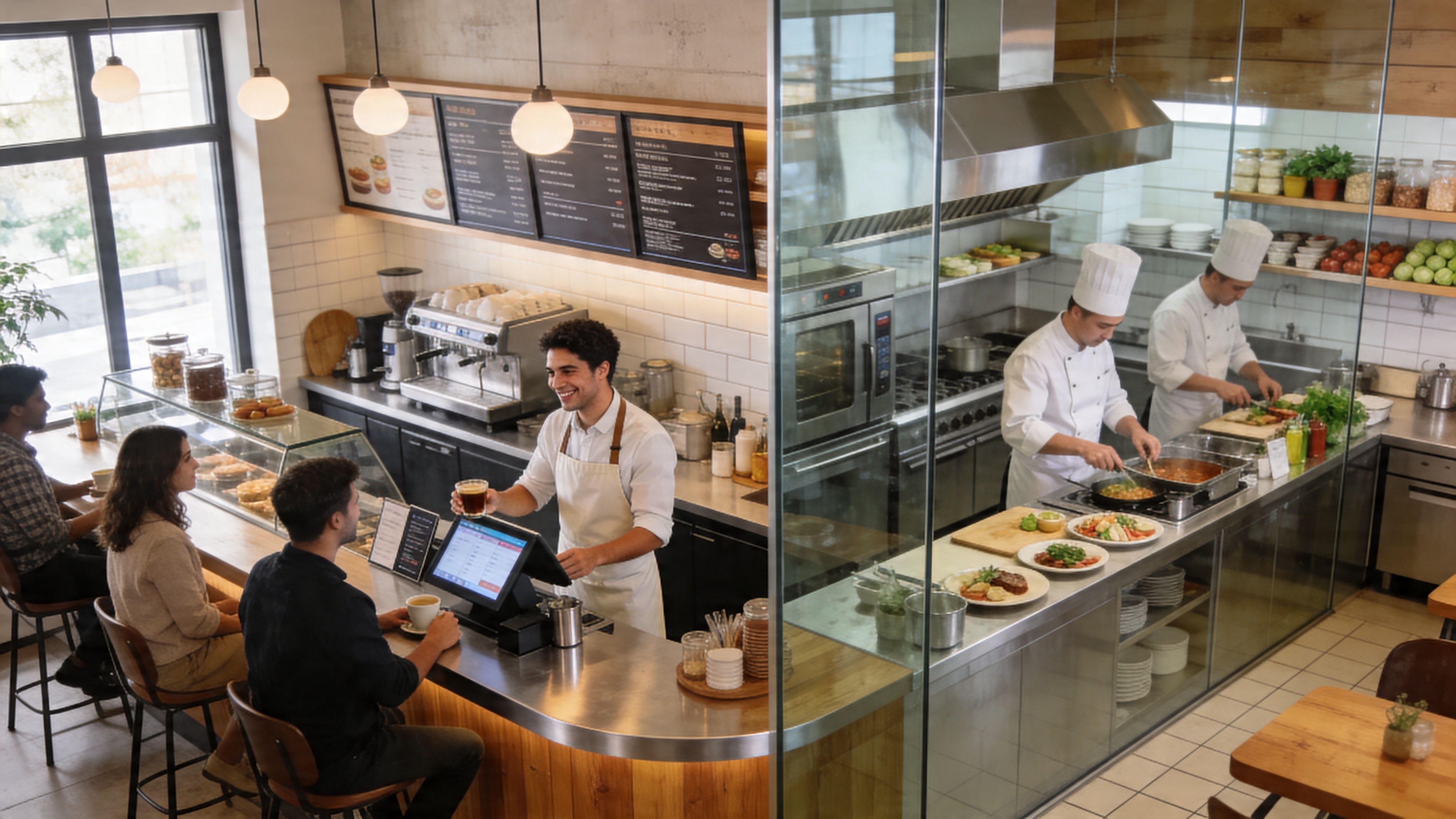 Ein freundlicher Barista bedient Kunden an der Theke, während Köche in einer modernen Restaurantküche Speisen zubereiten.