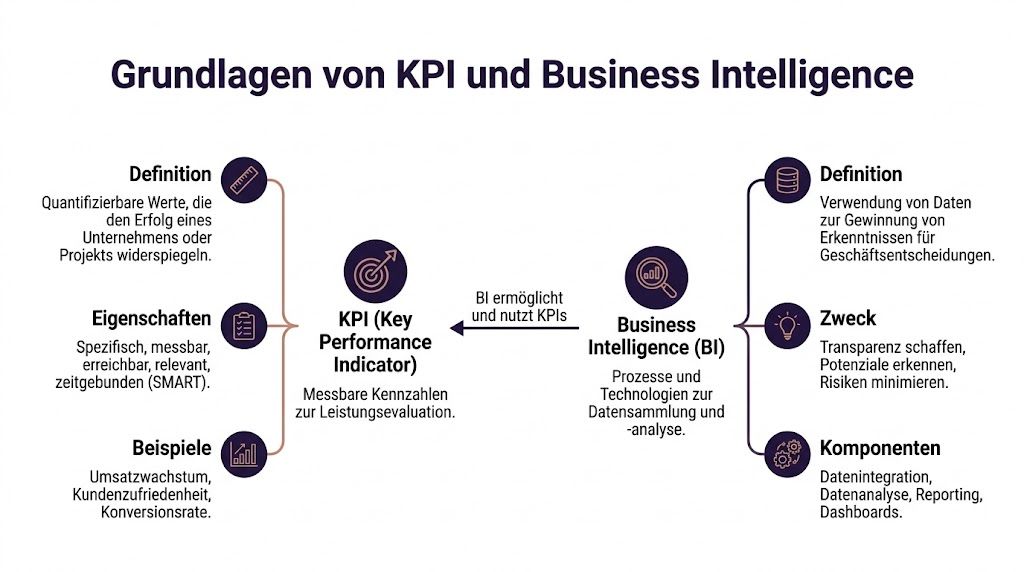 Eine Übersichtsgrafik, die die Grundlagen und den Zusammenhang zwischen Key Performance Indicators und Business Intelligence erklärt.