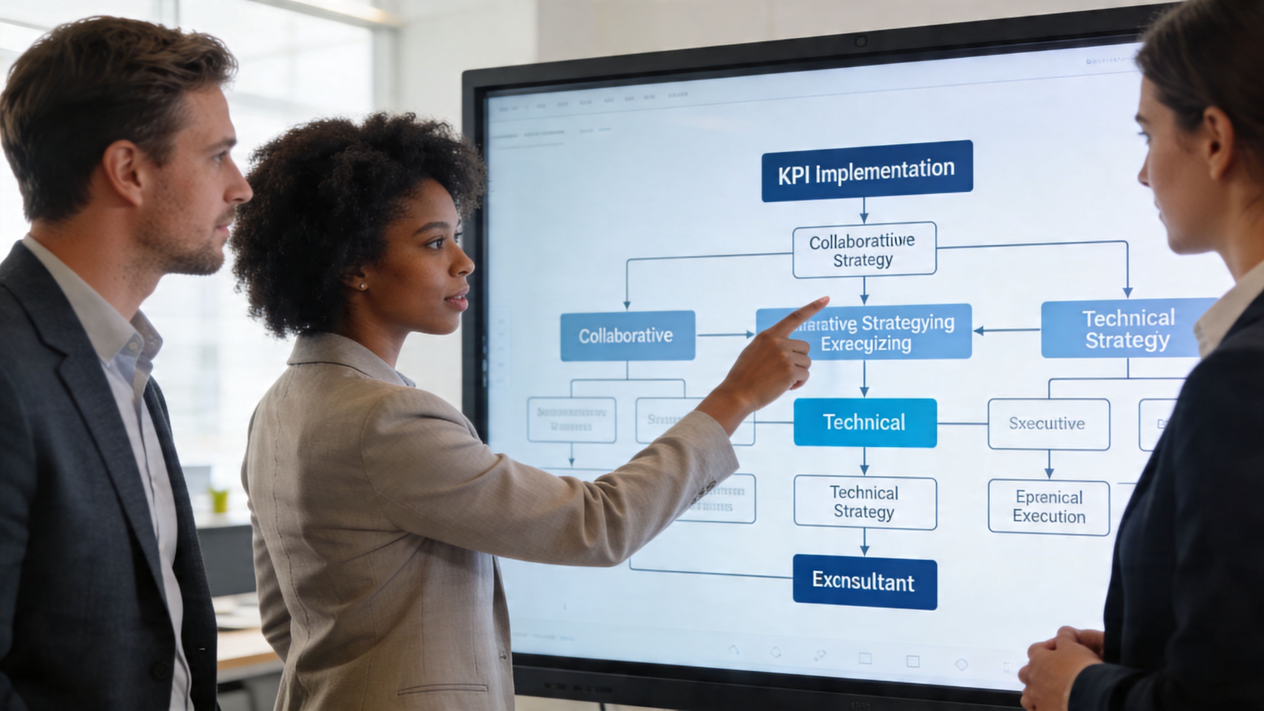 Ein professionelles Team bespricht gemeinsam eine komplexe Strategieplanung an einem großen digitalen interaktiven Whiteboard im Büro.