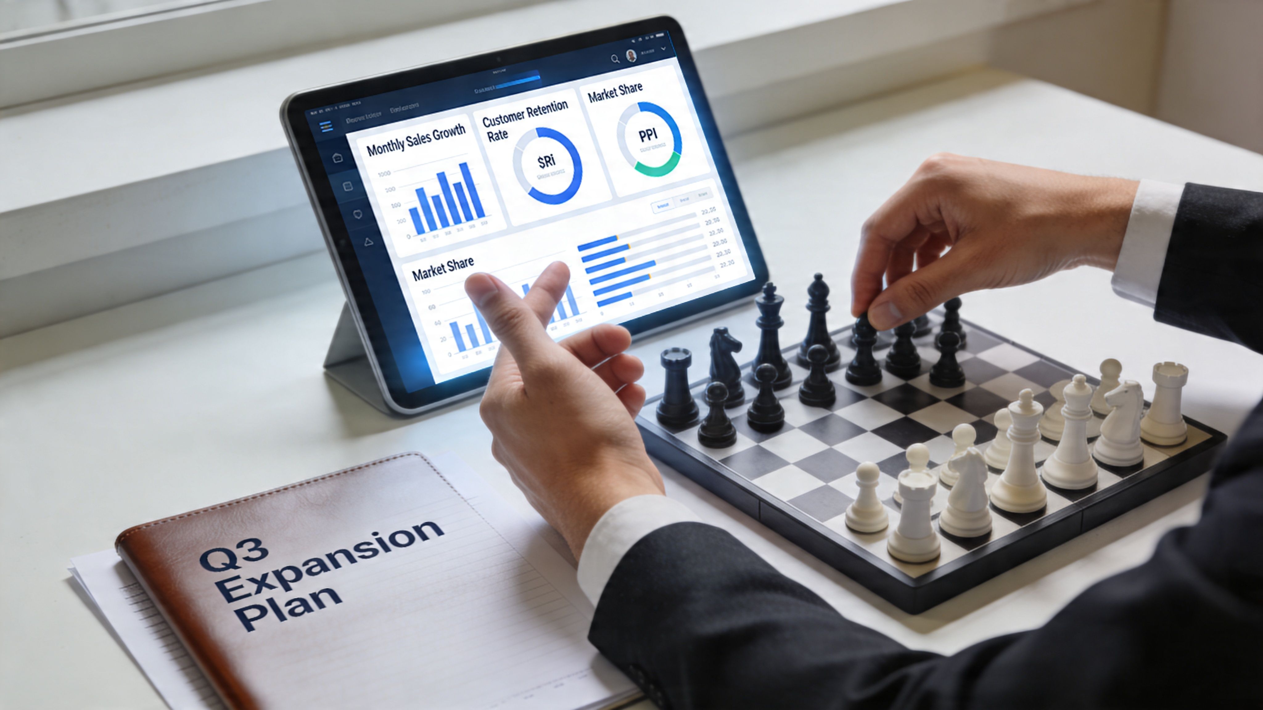 Ein Geschäftsmann plant eine Unternehmensstrategie mit einem Schachbrett, einem Tablet mit Analysedaten und einem Q3-Expansionsplan-Dokument.