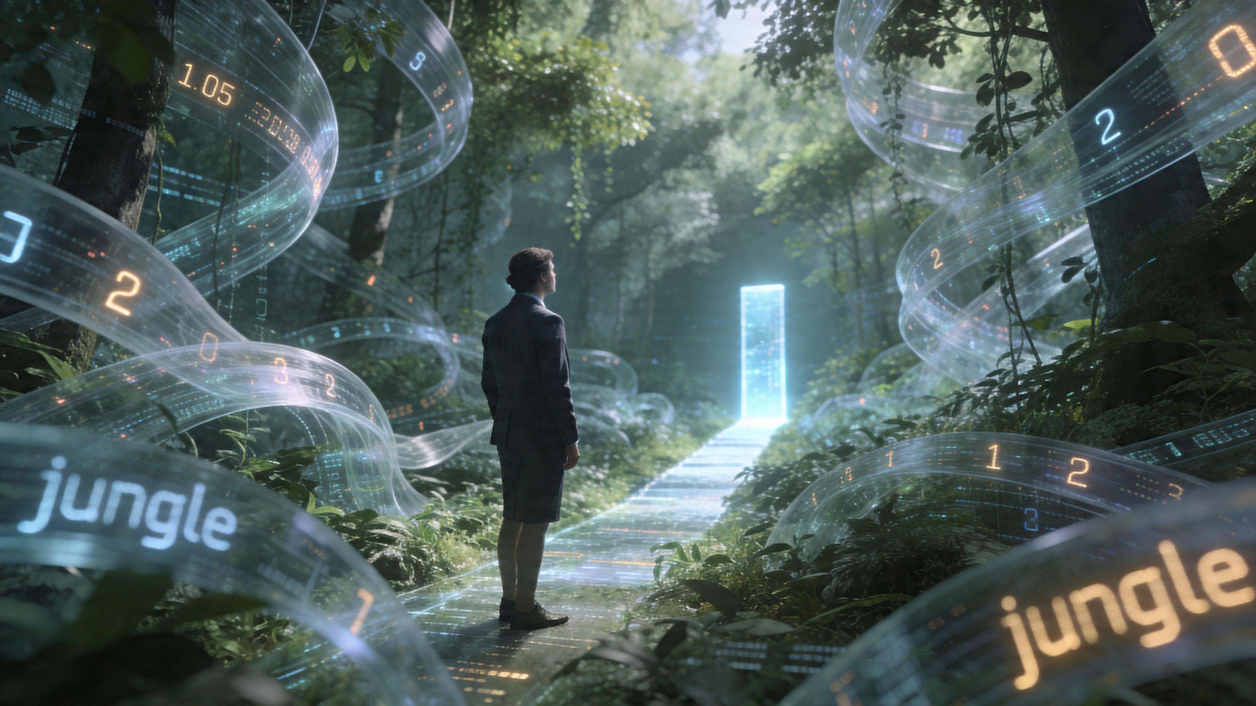 Ein Geschäftsmann steht in einem digitalen Wald, der mit leuchtenden Datenströmen und einer futuristischen Lichtquelle durchzogen ist.