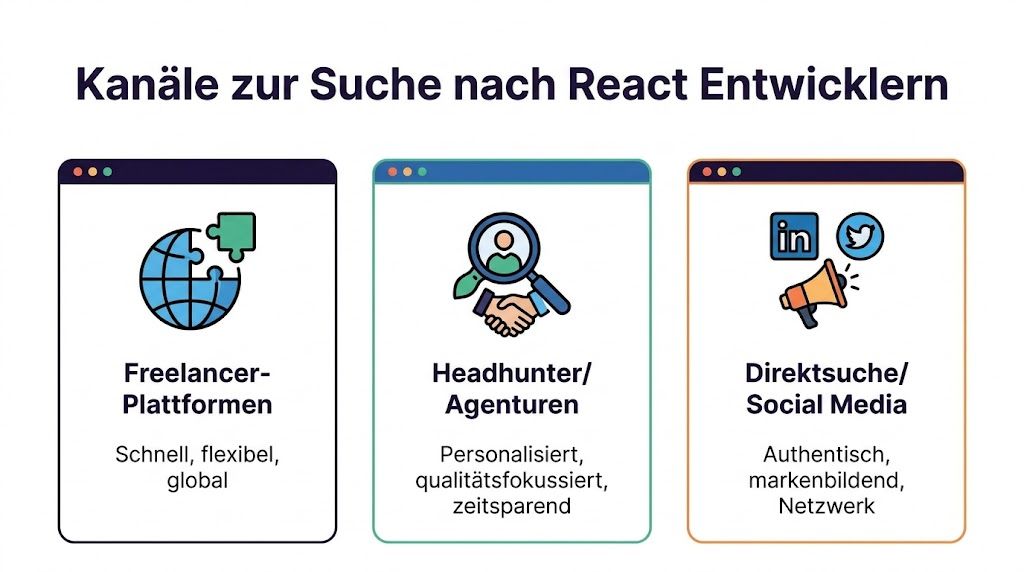 Eine Infografik mit drei Kanälen zur Suche nach React-Entwicklern: Freelancer-Plattformen, Headhunter-Agenturen sowie Direktsuche über Social-Media-Netzwerke.