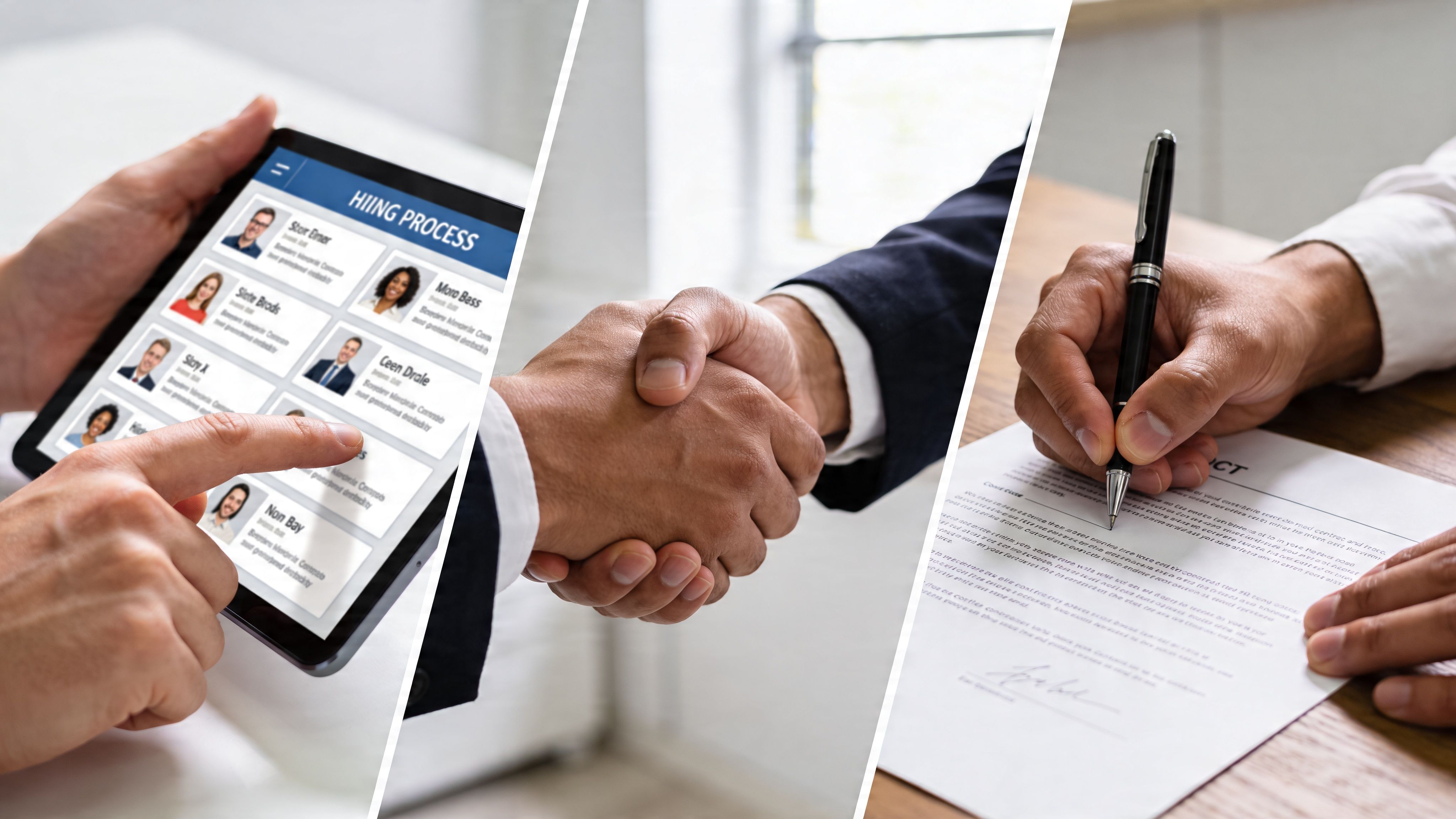 Ein Geschäftsmann nutzt ein Tablet für den Einstellungsprozess, schüttelt die Hand und unterzeichnet einen Arbeitsvertrag.
