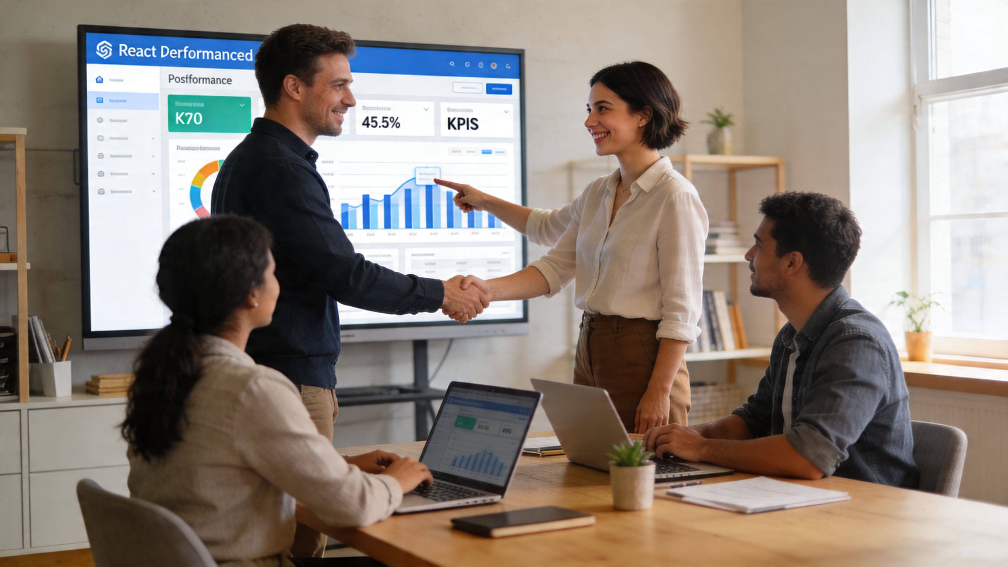 Ein Team von Softwareentwicklern bespricht gemeinsam in einem modernen Büro die Leistung ihrer React-Webanwendung am Monitor.