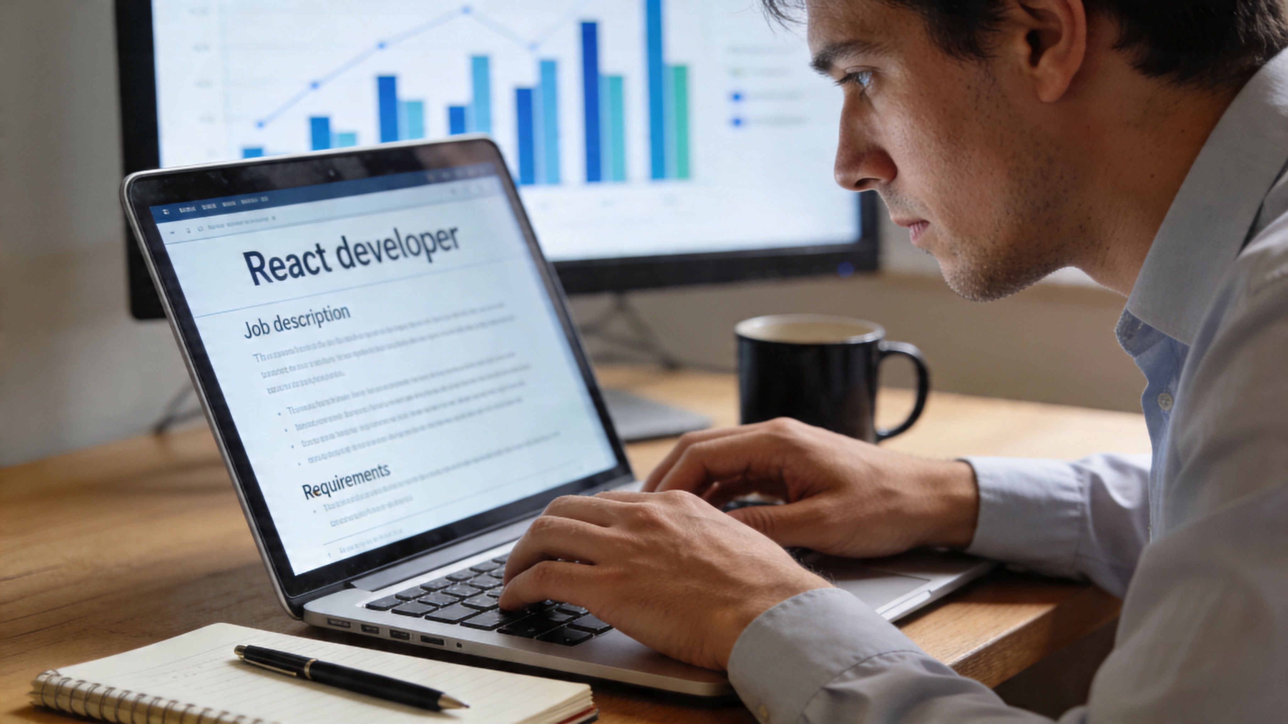 Ein fokussierter Entwickler arbeitet an einem Laptop und liest eine Stellenanzeige für eine React-Entwickler-Position.