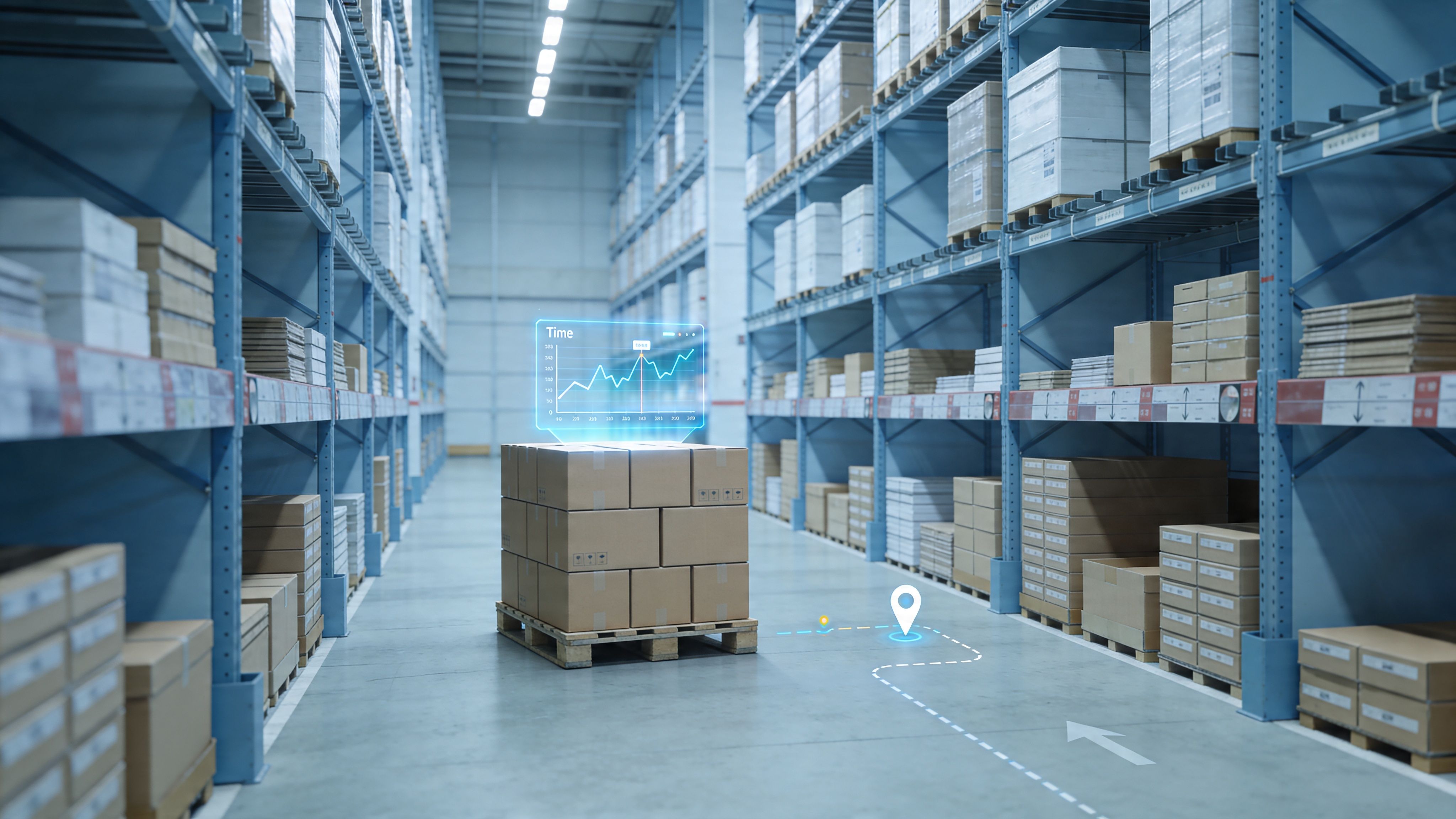 Ein modernes Lagerhaus mit gestapelten Paketen und einer digitalen Datenvisualisierung sowie einer eingeblendeten Navigationsroute auf dem Boden.