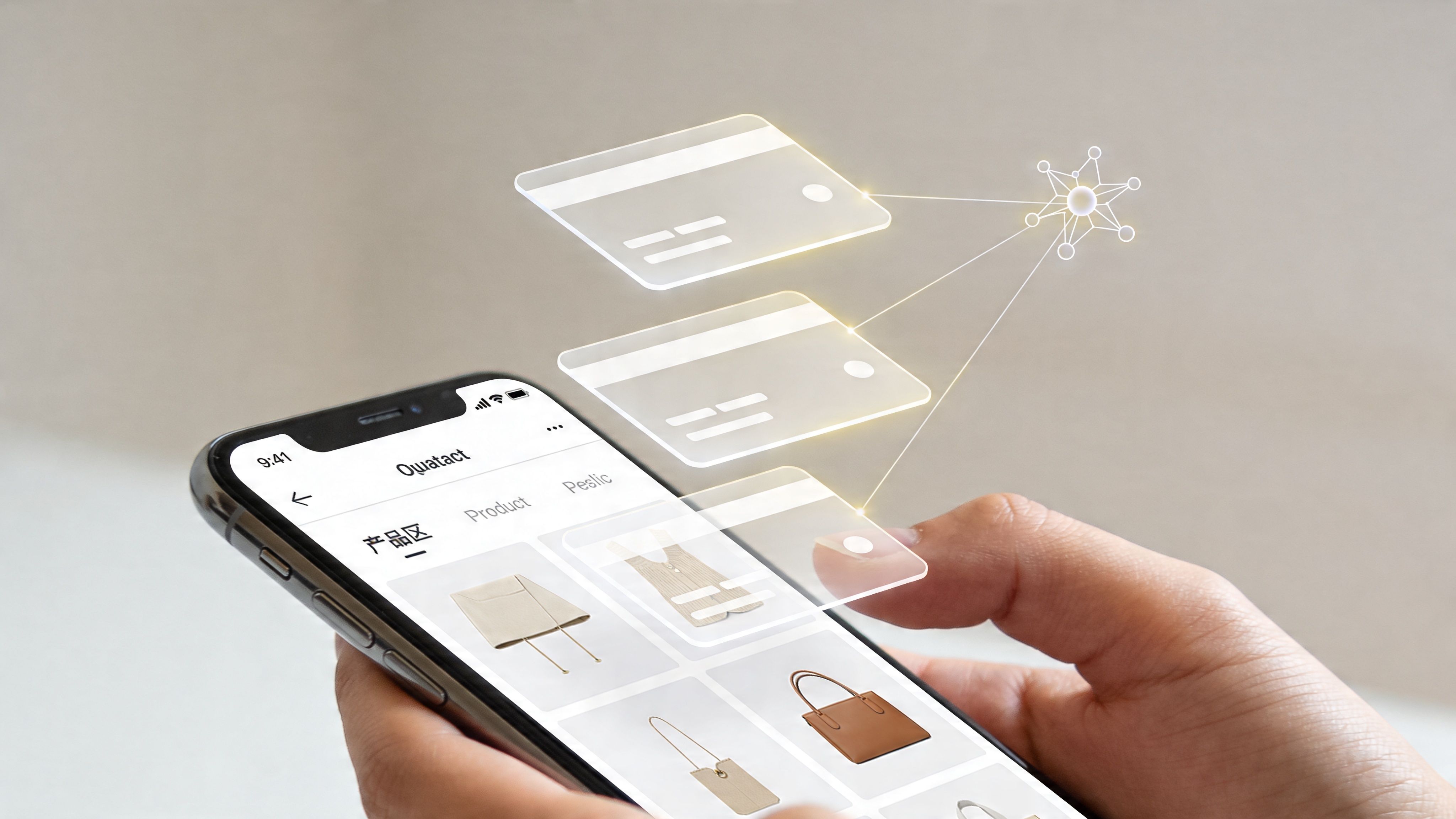 Eine Hand hält ein Smartphone, das digitale Kreditkarten und ein vernetztes Daten-Symbol in einer E-Commerce-App anzeigt.