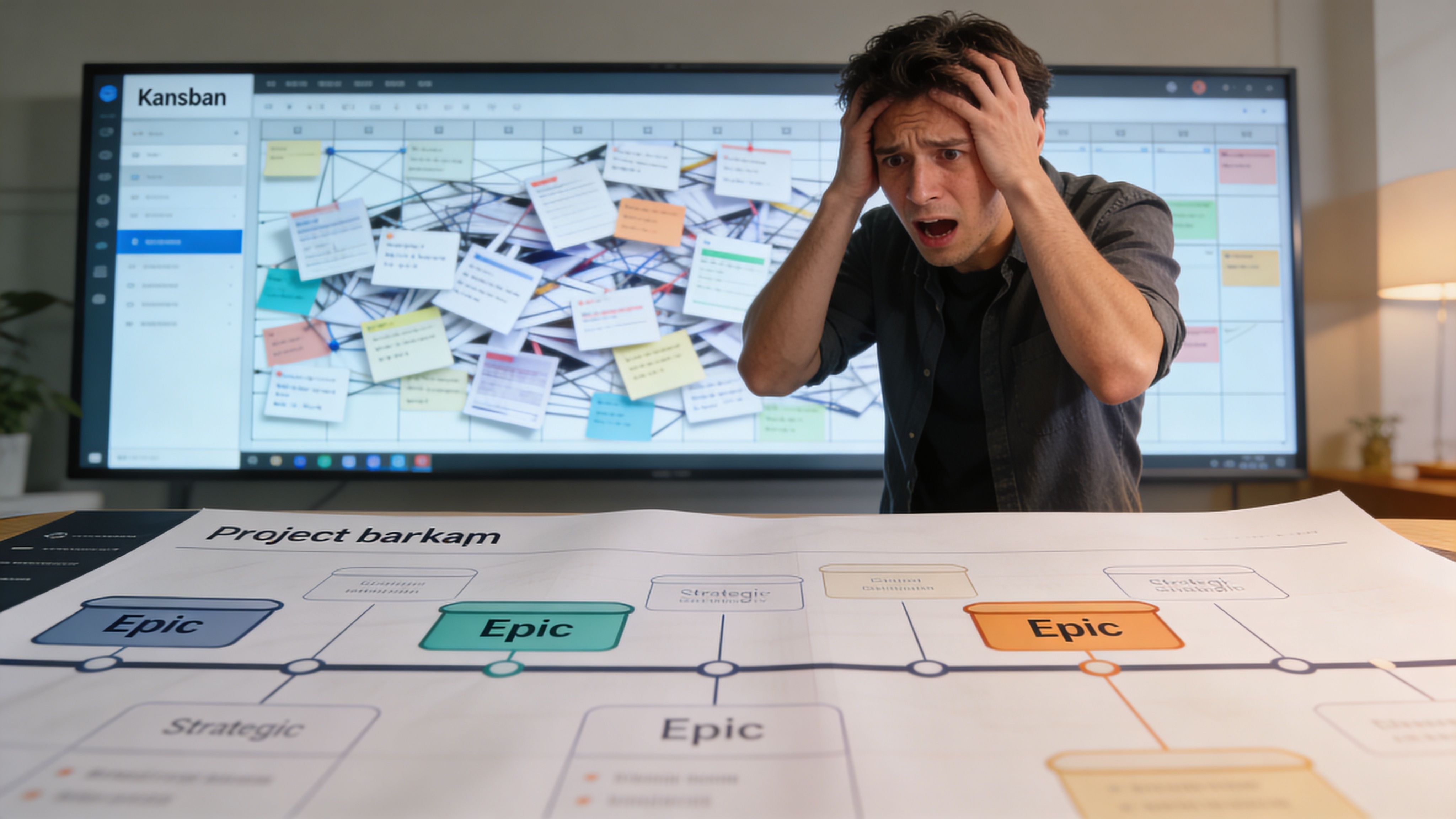 Ein überforderter Projektmanager steht gestresst vor einem großen Bildschirm mit komplexen Aufgaben und einer chaotischen Projektplanung.
