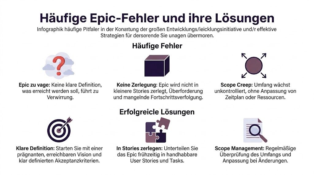 Eine Infografik über häufige Fehler bei der Planung von Epics und effektive Lösungsstrategien für agiles Projektmanagement.