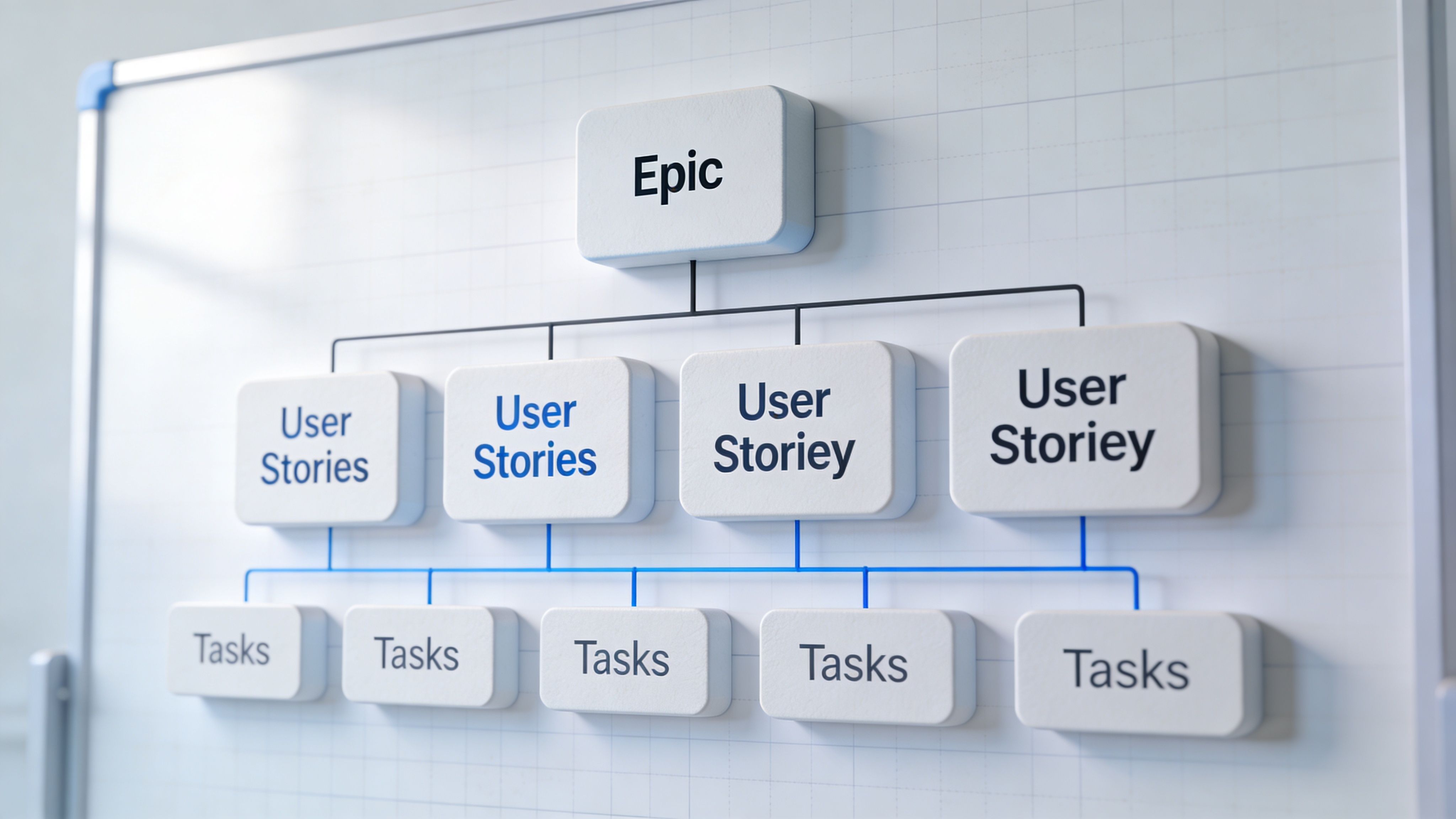 Ein Whiteboard-Diagramm zeigt die hierarchische Struktur von Jira-Epics, User Stories und den dazugehörigen Aufgaben für das Projektmanagement.