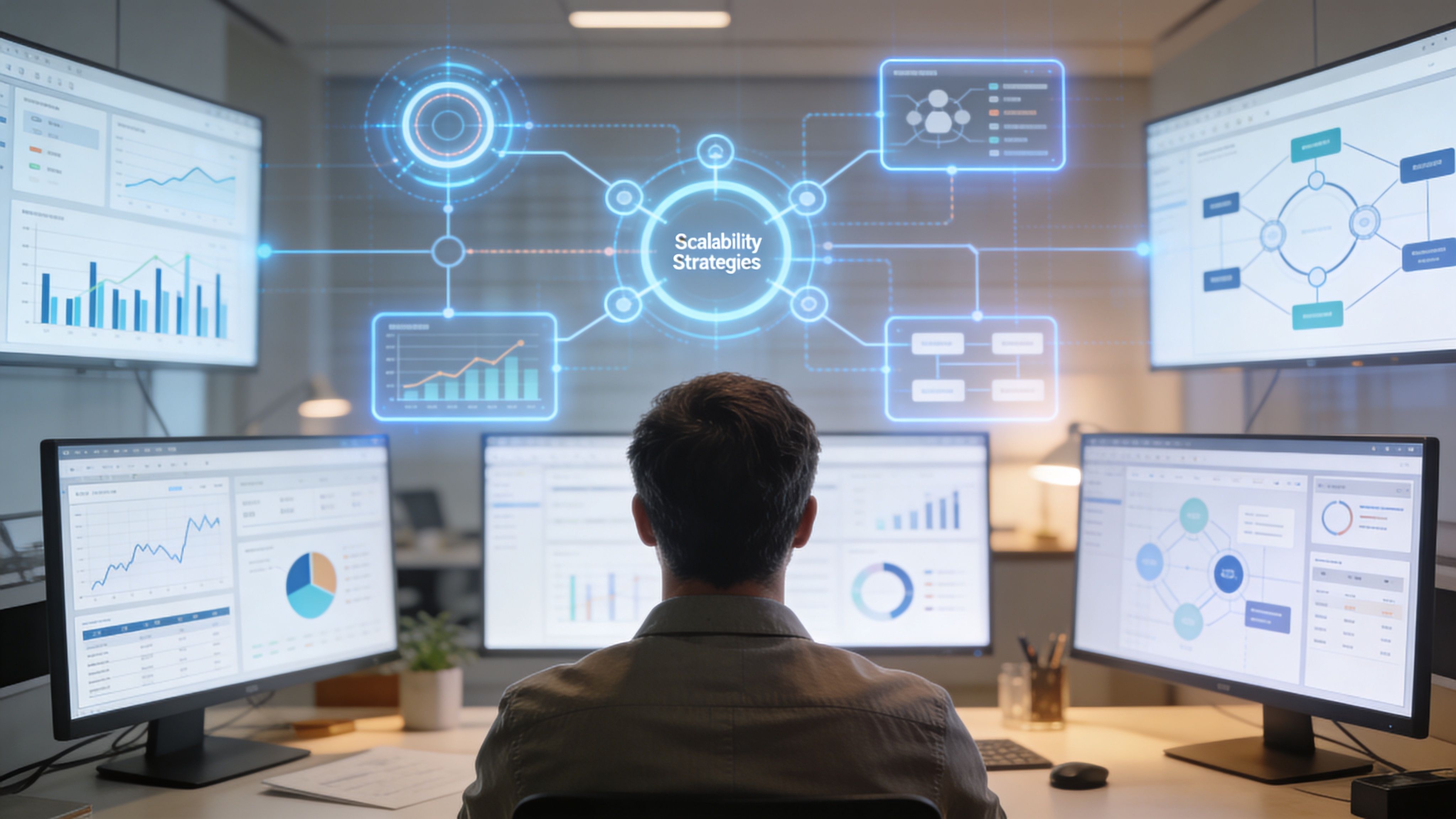 Ein Analyst arbeitet an mehreren Monitoren, auf denen Datenvisualisierungen und eine Strategie zur Skalierbarkeit angezeigt werden.