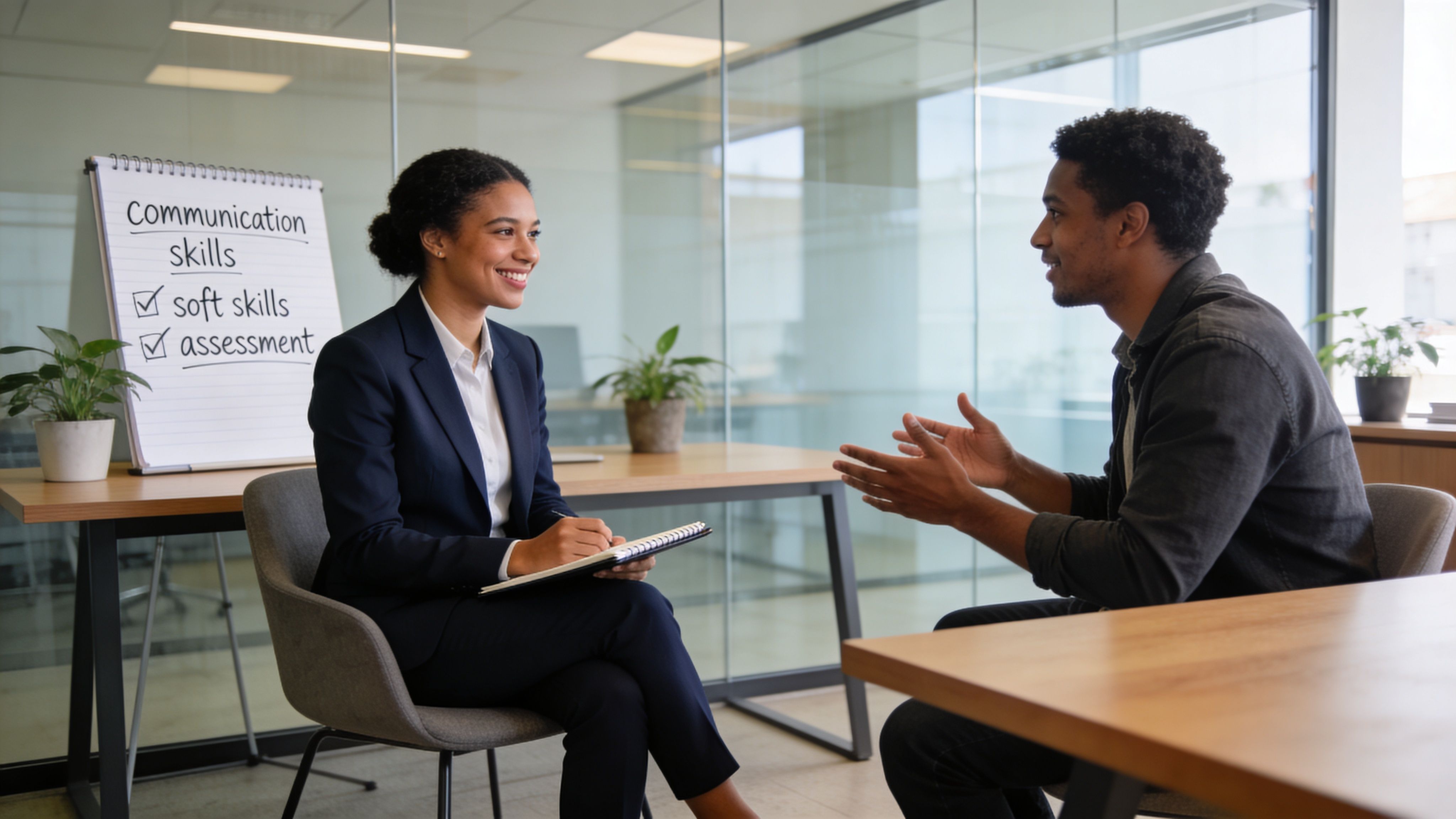 Eine professionelle Personalverantwortliche führt ein freundliches Vorstellungsgespräch mit einem männlichen Bewerber in einem modernen hellen Büro.