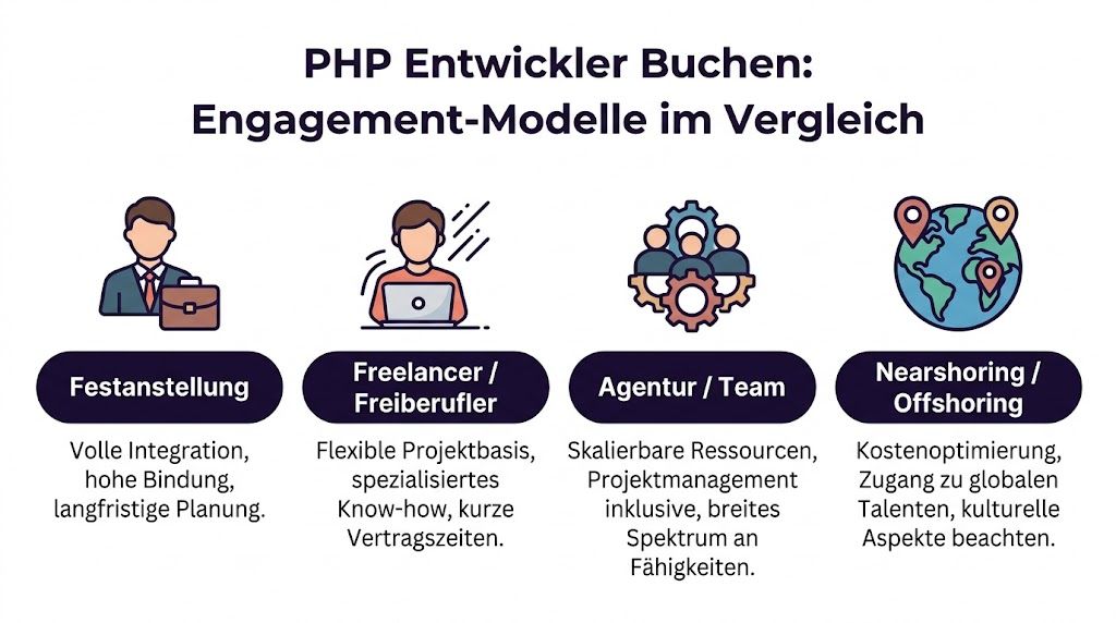 Übersicht verschiedener Engagement-Modelle für Unternehmen, die PHP-Entwickler suchen, von Festanstellung bis hin zu Nearshoring und Offshoring.