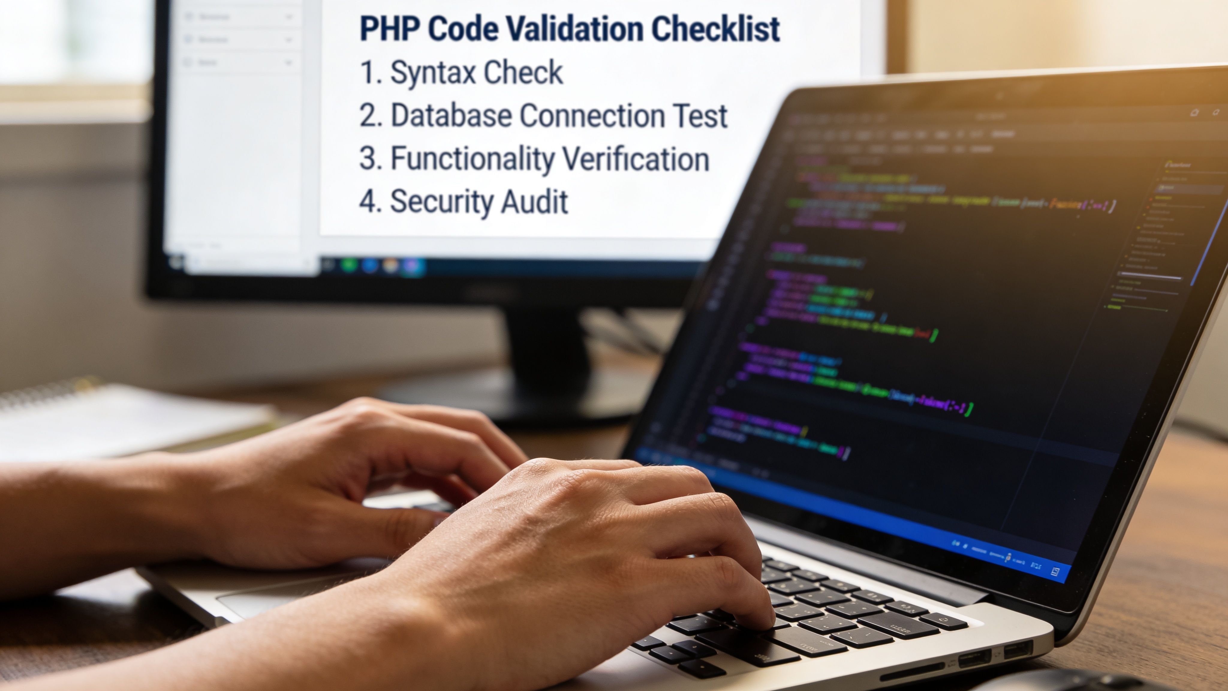 Ein PHP-Entwickler arbeitet an einer Checkliste zur Code-Validierung auf einem Laptop in einem modernen Büro.