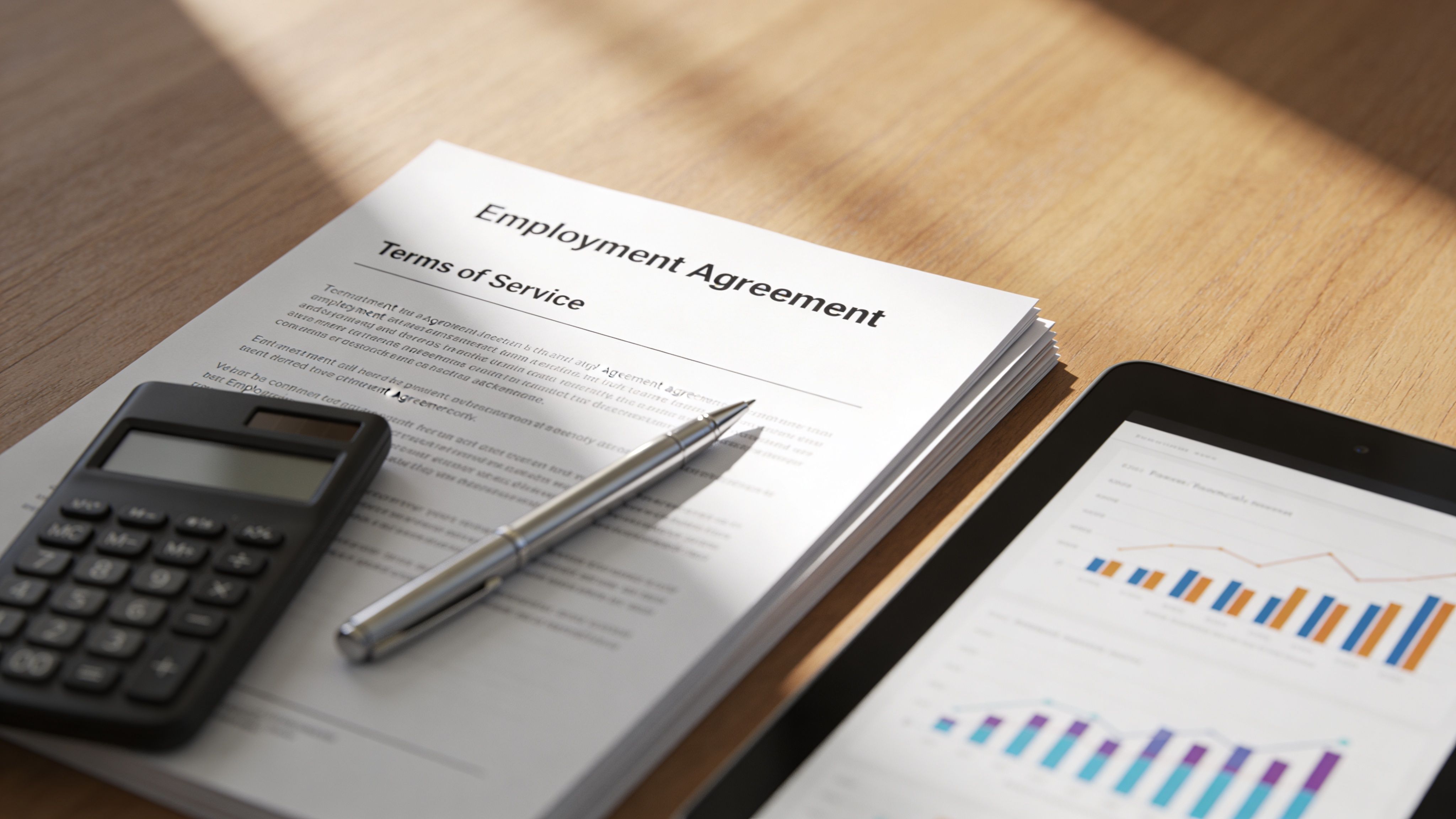 Ein Arbeitsplatz mit einem Arbeitsvertrag, Taschenrechner und einem Tablet mit Finanzdiagrammen auf einem Holztisch.