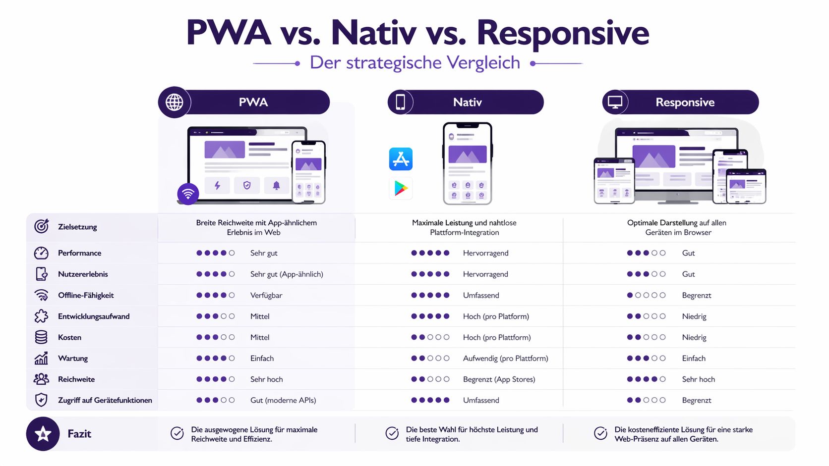 Vergleichsgrafik zwischen Progressive Web Apps, nativen Anwendungen und responsivem Webdesign hinsichtlich Leistung, Kosten und technischer Funktionen.