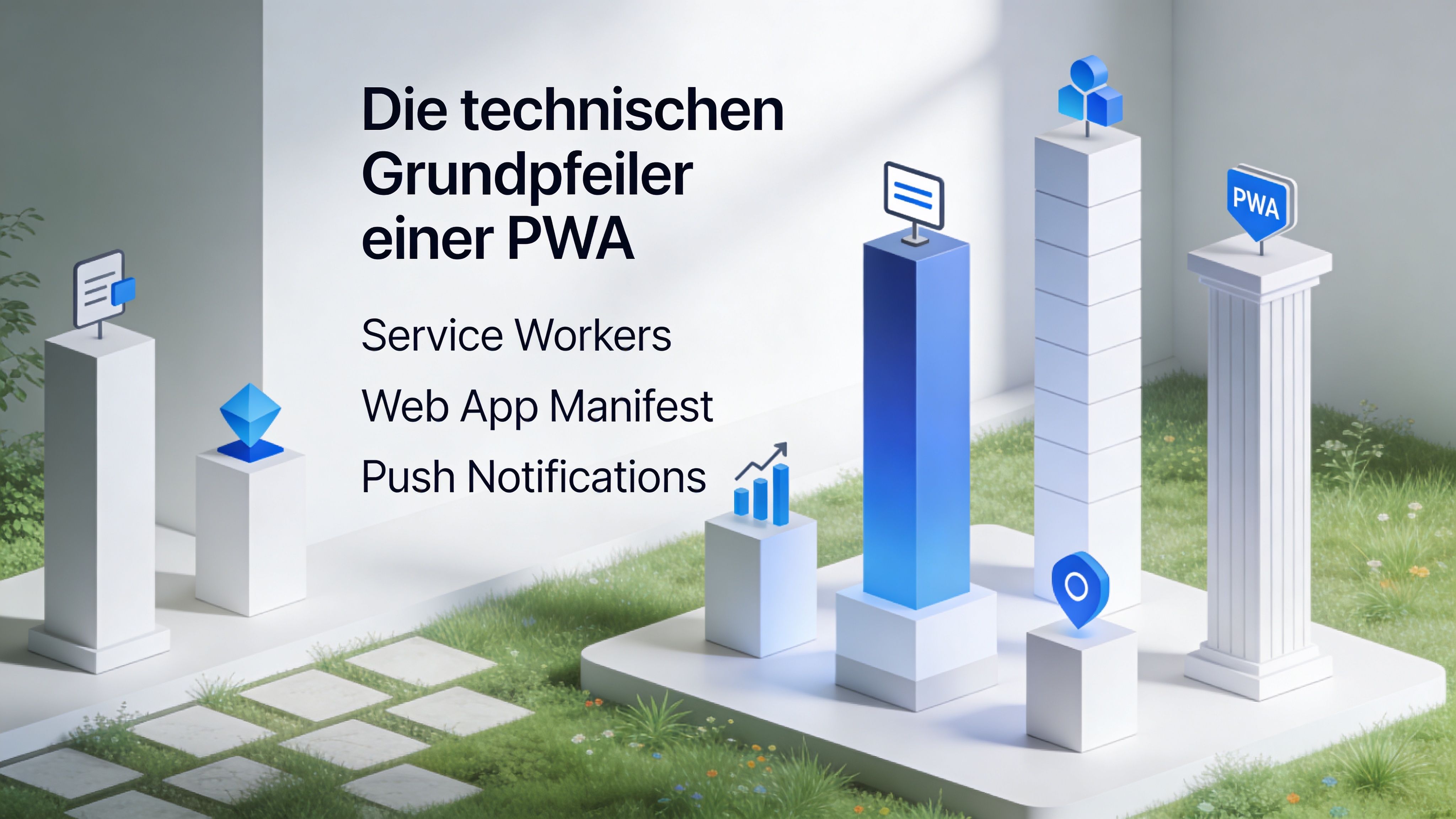 Eine 3D-Illustration der technischen Grundpfeiler einer Progressive Web App mit Symbolen für Service Worker, Manifest und Benachrichtigungen.